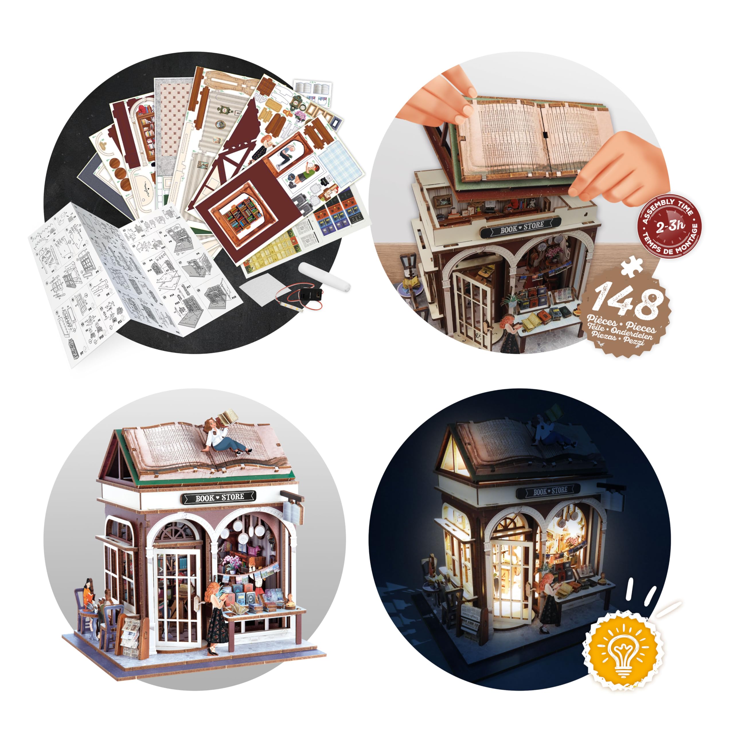 Diorama libreria - Modello di Libreria Miniatura in Legno con LED – Diorama Fai Da Te 148 Pezzi – Kit di Costruzione per Decorazione della Camera – Da 10 Anni – 14,5 x 16 x 18 cm - BUKI Francia
