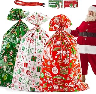3pcs Jumbo Christmas Sacks Extra Large Bags 36 x 56 inch Oversized Xmas Gift Bags Huge Big Santa Sacks Toy Wrapping Bags Giant Gift Bags for Christmas Presents with Drawstring Red Green