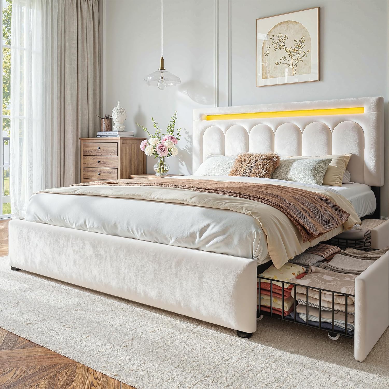 Queen Upholstered Bed Frame with 4 Drawers and Velvet Headboard, Platform Bed Frame Queen Size with LED Lights, Wooden Slats Support,Easy Assembly, Beige