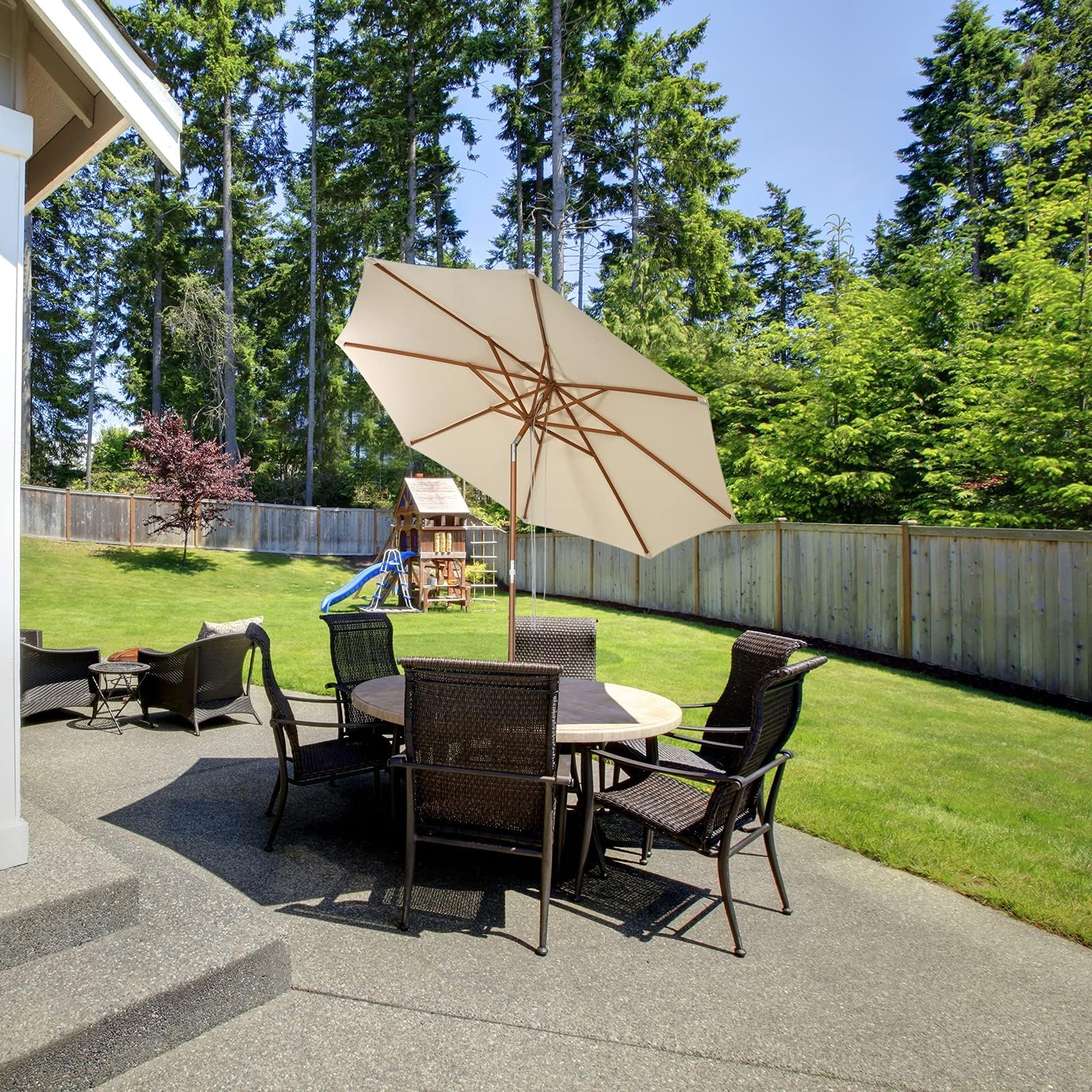 GOPLUS Sonnenschirm Holz, Gartenschirm 260cm UV-Schutz, Marktschirm mit 3-stüfig höhenverstellbar, Balkonschirm, Terrassenschirm tragbar leicht, Tischschirm für Garten, Strand, Terrasse & Pool, Beige