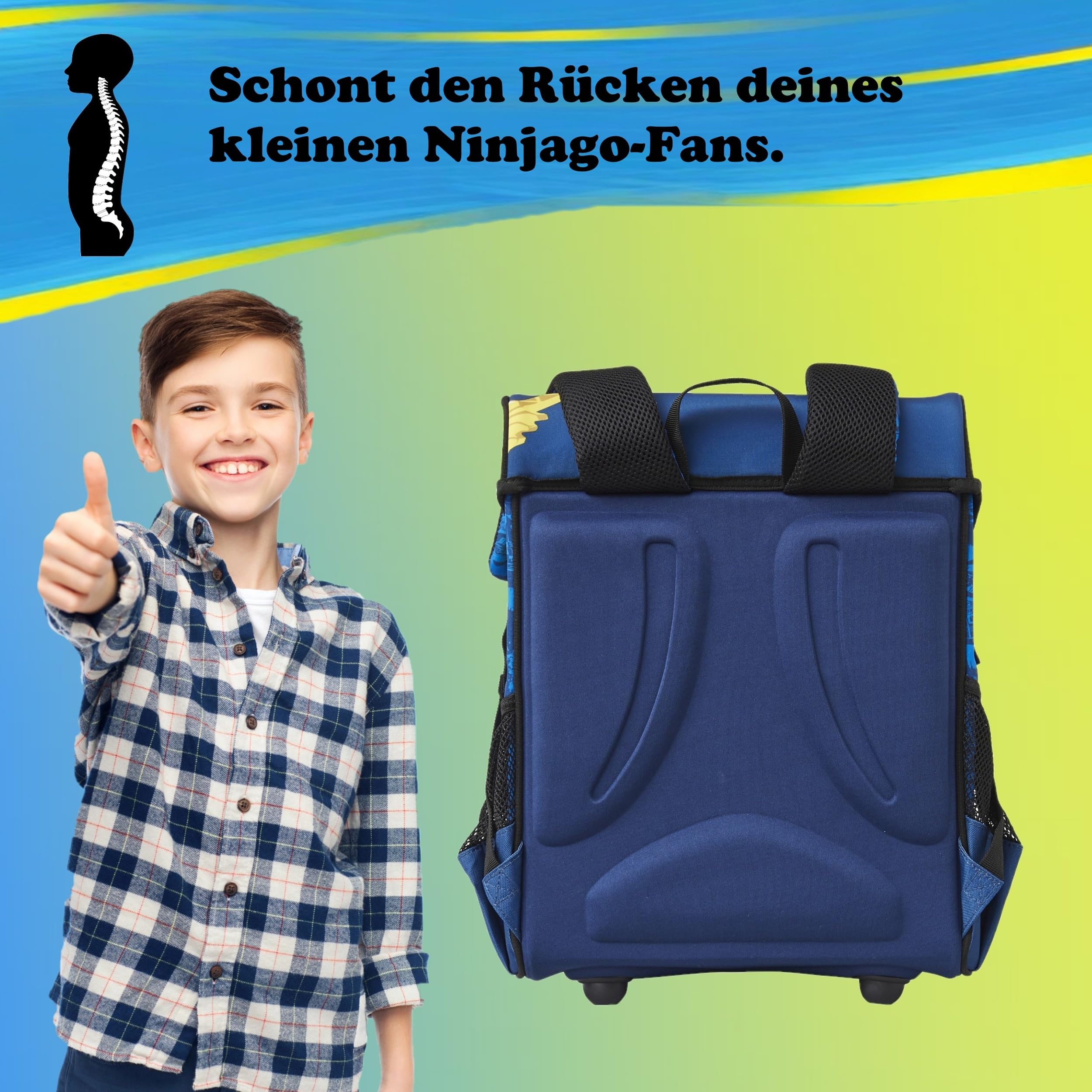 Familando - Schulranzen Set 9-teilig mit Sporttasche - Ninjago Blau - Ergonomisch, stabil & mit gepolstertem Rücken - 790g leicht mit 16L Volumen - wasserabweisend und mit Reflektoren - Ab 1. Klasse