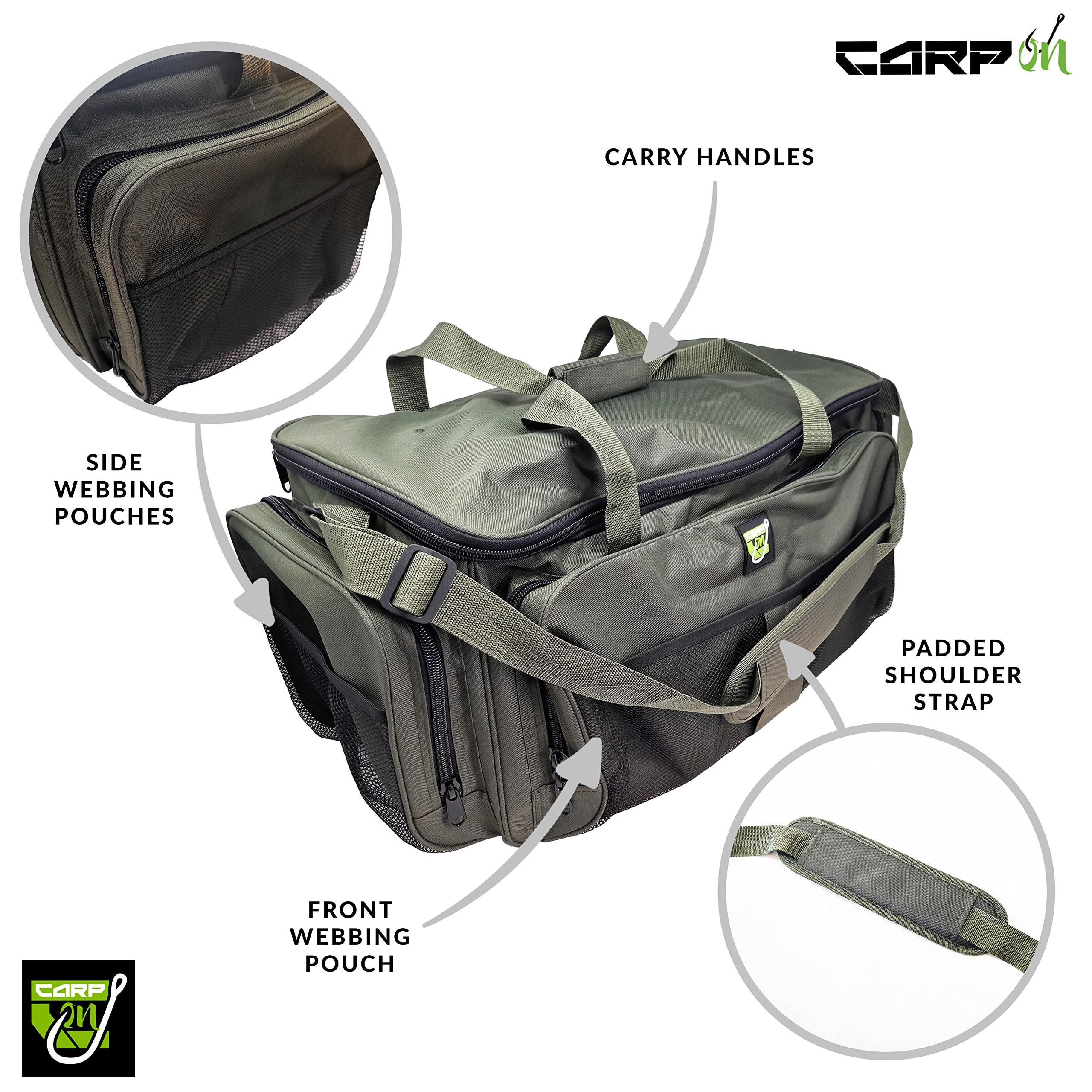 50 litros con aislamiento de cebo bolsa de almacenamiento para aparejos de pesca 900D (56x30x30 cm), compartimentos multiusos, bolsillos, Green, Mochila de senderismo