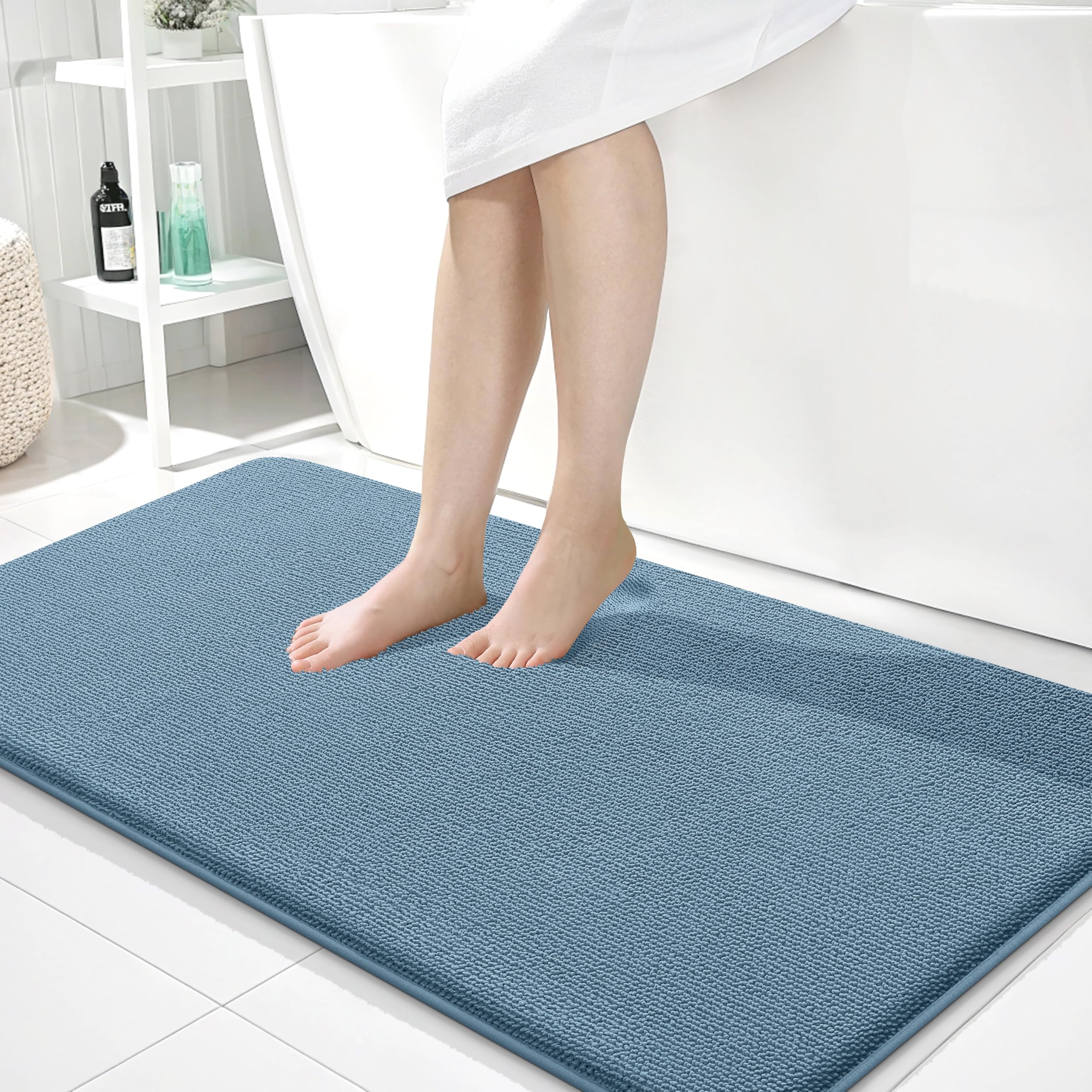 OLANLY Memory Foam Bathroom Runner Rug 45x27, Absorbent Long Mat, Airy Blue