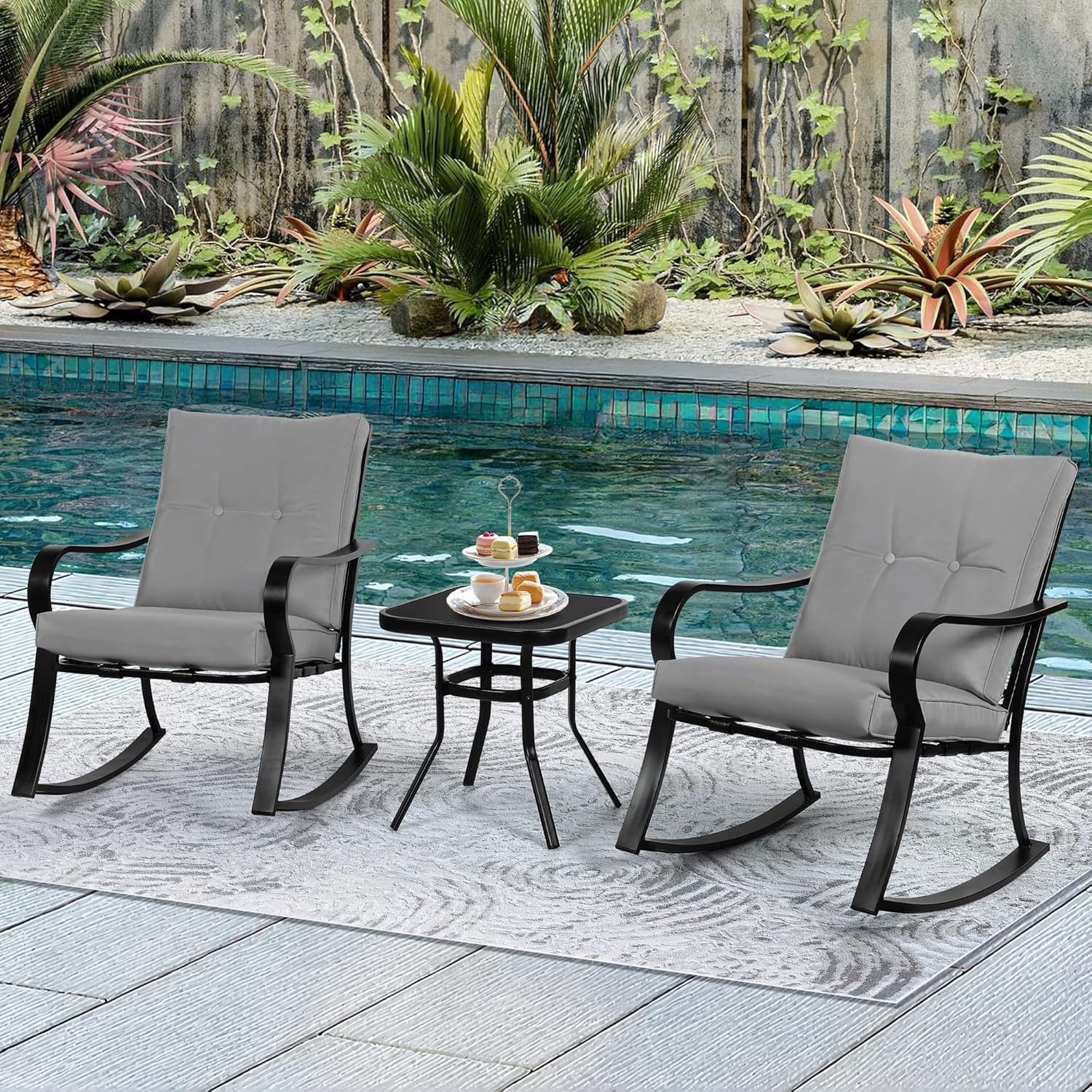 Incbruce 3 Piece Patio Bistro Set Outdoor Rocking Chairs Set, Porch Patio Conversation Chairs Set of 2 with Glass-Top Coffee Table (Grey Thickened Cushion)