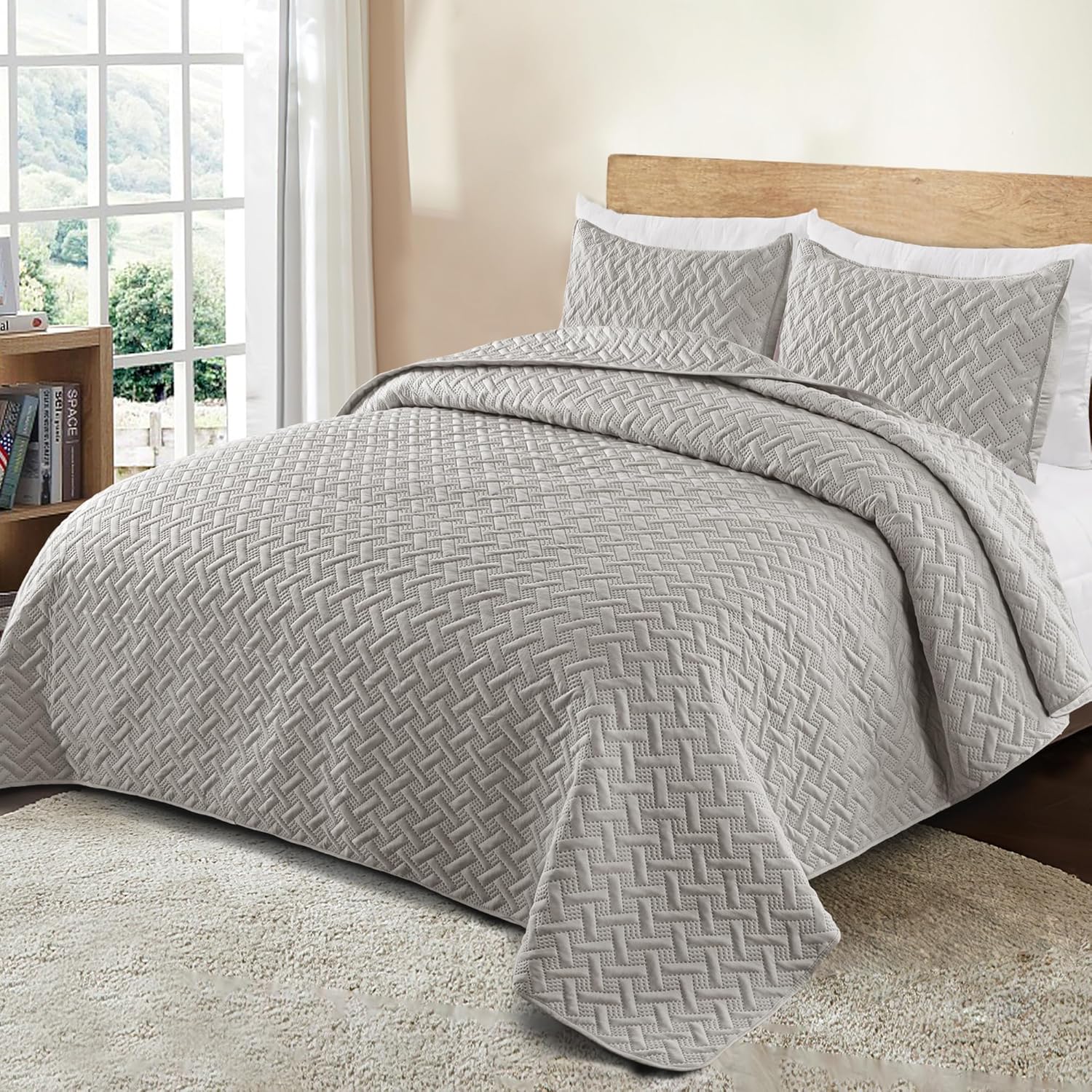 Exclusivo Mezcla Soft Quilt Set Queen Full Size, 3 Pieces Lightweight Quilts Light Grey Bedspreads Coverlets Bedding Set for All Seasons, Weave Pattern - Image 2