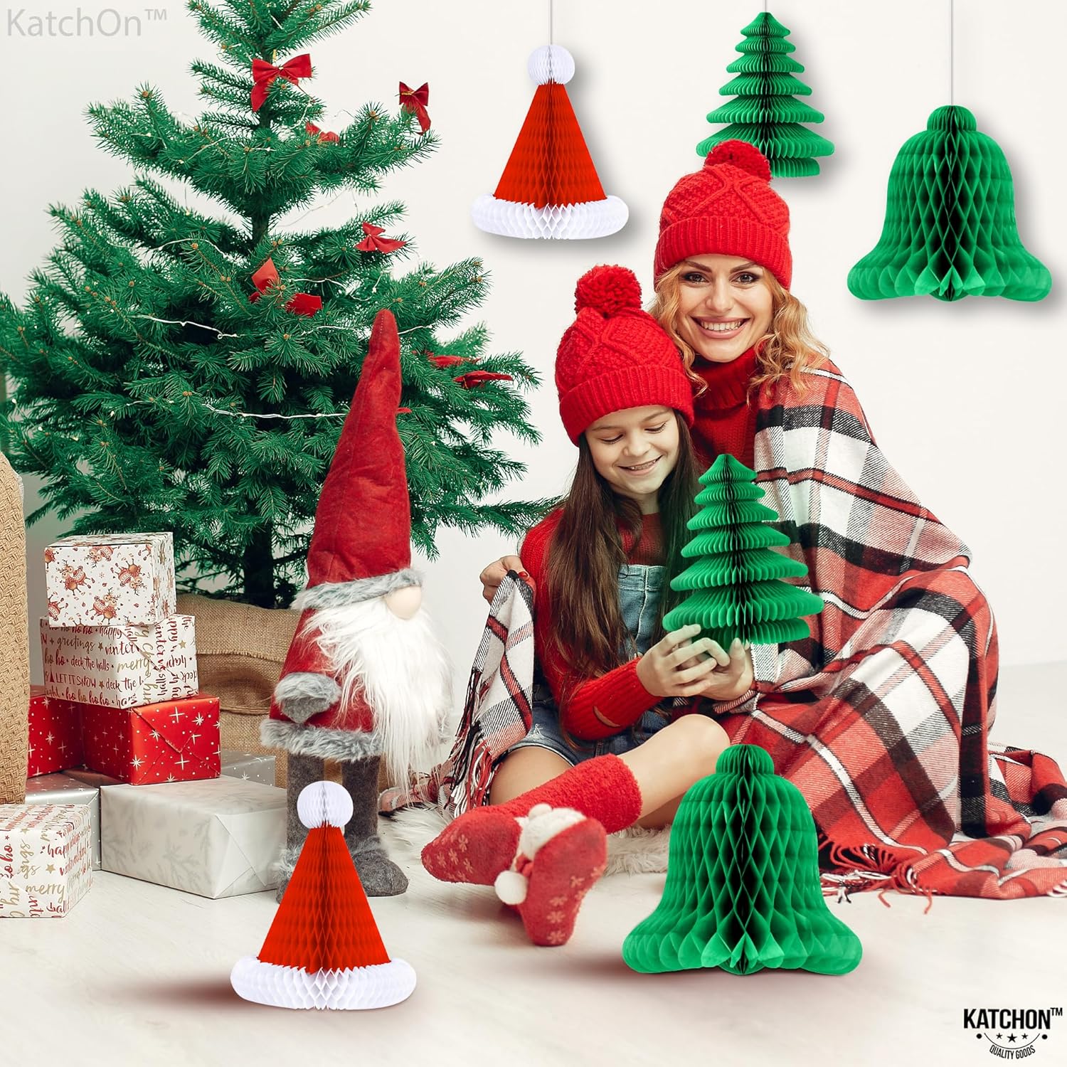 KatchOn, Pack of 8, Honeycomb Christmas Decorations | 3D Christmas Centerpieces with Magnetic Design with Christmas Cupcake Stand | Xmas Tree and Santa Cake Stand for Christmas Decorations Indoor