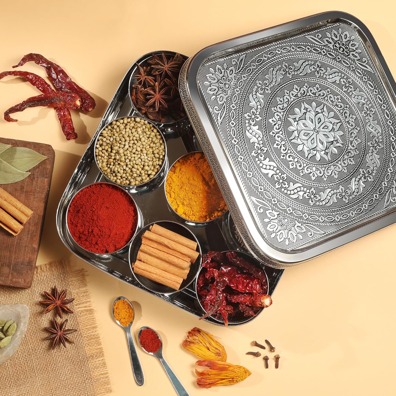 Designer Indian Spice Tin Stainless Steel Masala Dabba LARGE Curry Cooking Spice Tiffin Tin Box Kitchen Masala Container Spice Container 9 Compartments Storage Set