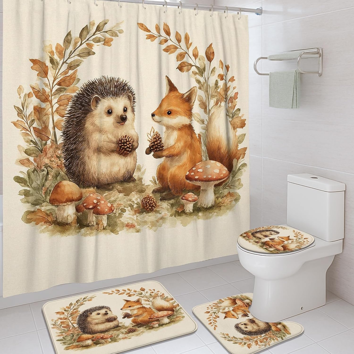 4Pcs Cute Animal Shower Curtain Set, Brown Beige Hedgehog Fox Bath Mat Rugs Accessories for Bathroom Decor, Autumn Modern Waterproof Shower Curtain with Hooks 72x72 Inch