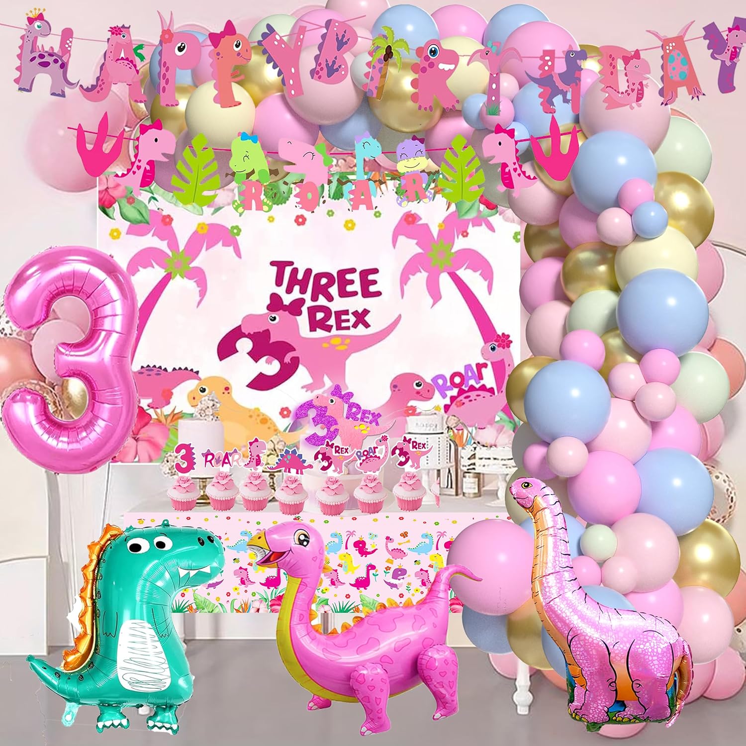 Pink Three Dino Rex Birthday Party Decorations Dinosaur 3rd Birthday Décorations Three inspired Rex Birthday Party Supplies include balloon backdrop knive fork spoon plate napkin cup tablecloth