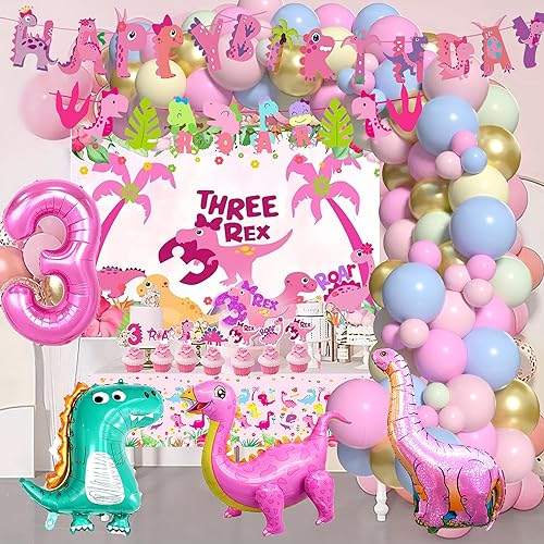 Miniatura 4 de Decoraciones de fiesta de cumpleaños de tres dinosaurios Rex rosados, decoraciones de 3er cumpleaños de dinosaurio, tres suministros inspirados para