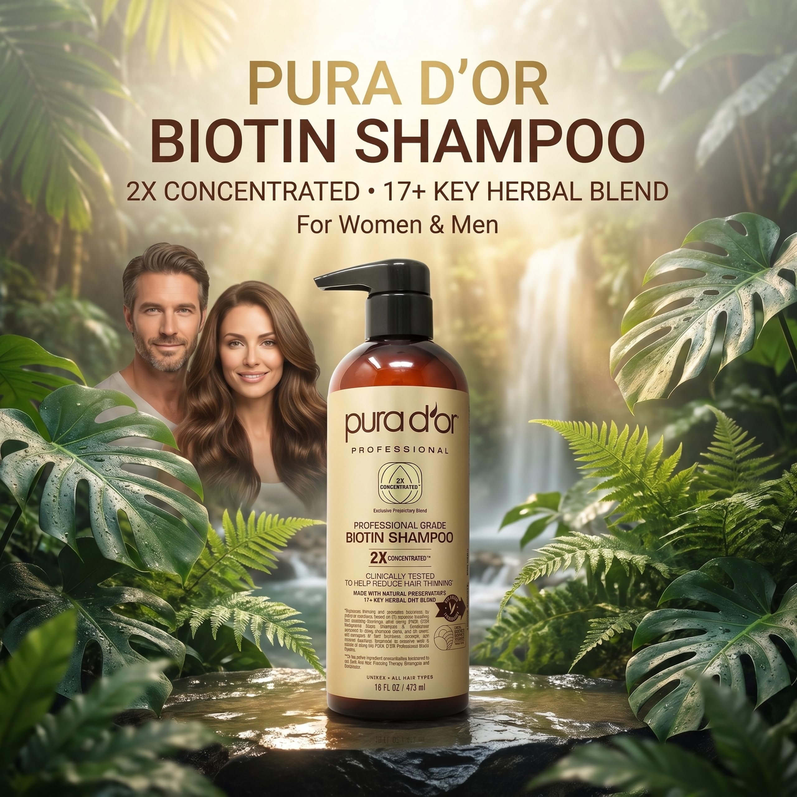 PURA D'OR Professional Anti-Haarausdünnungs-Biotin-Shampoo (473 ml) mit 2X konzentrierten Wirkstoffen - sulfatfrei, natürliche Inhaltsstoffe - klinisch getestet, Männer und Frauen