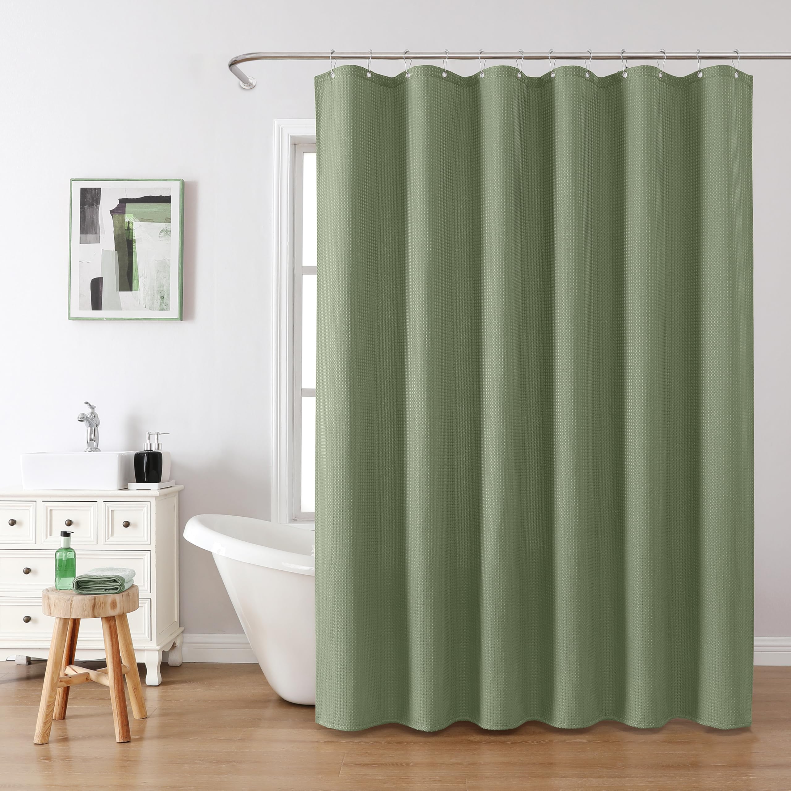 VANZAVANZU Shower Curtain for Bathroom with Metal Hooks Waffle Fabric Shower Curtain Heavy Duty Bath Curtain for Wet Room Bathtub Shower Stall Weighted Hem - Image 2
