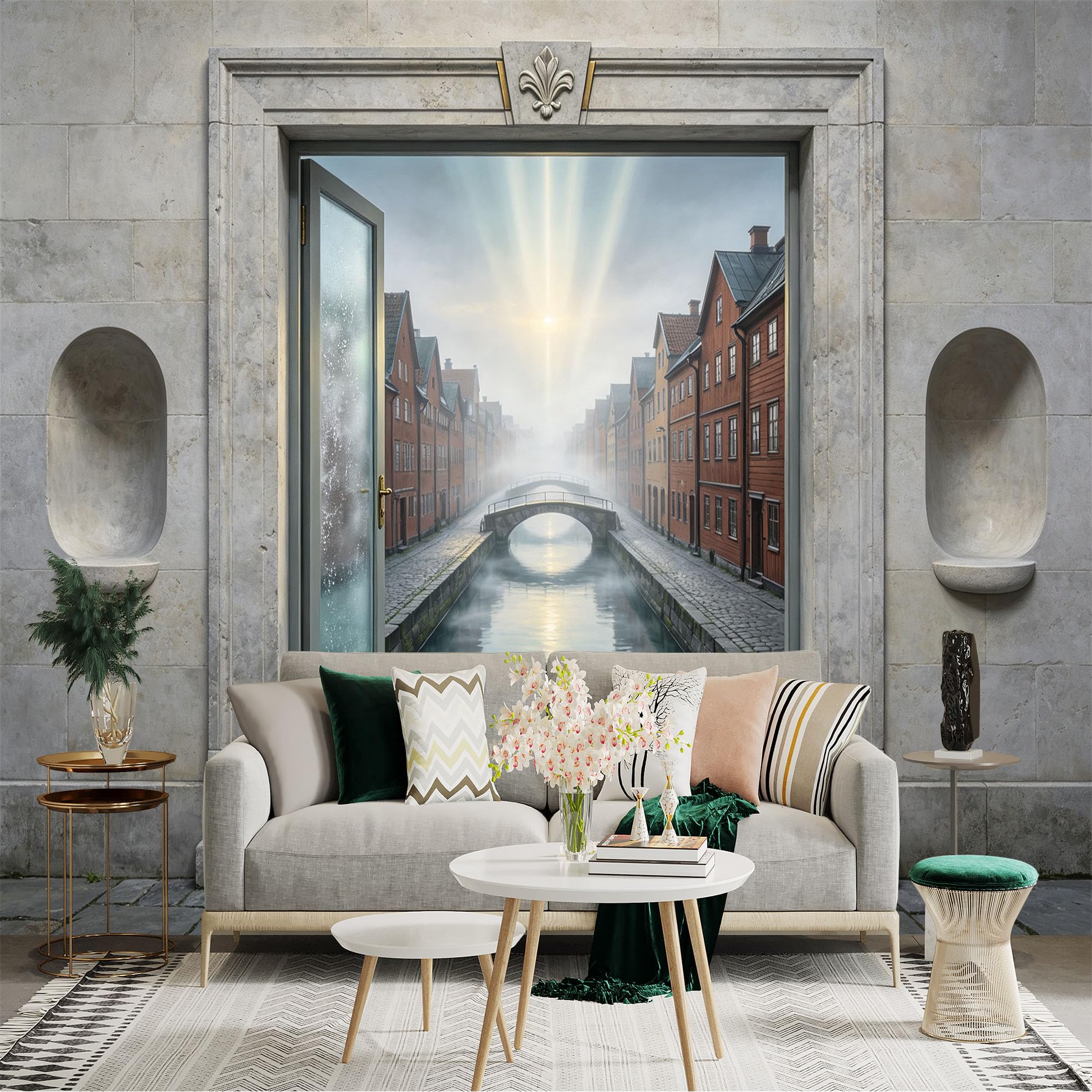 Custom Size Wall Sticker Mural， Misty Canal Town with Bridge and Sun Rays， for wall Decoration， peelandstick wall Decals.