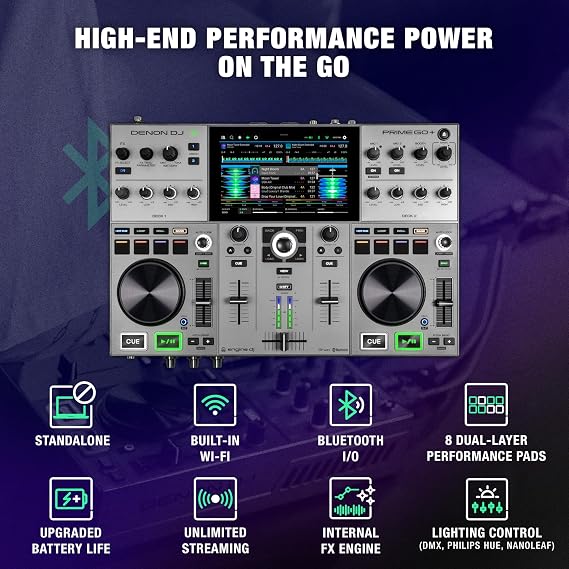 Denon DJ PRIME GO+ DJ Controller and DMX Lighting Controller for Live Music, DJ sets, Events, Music production