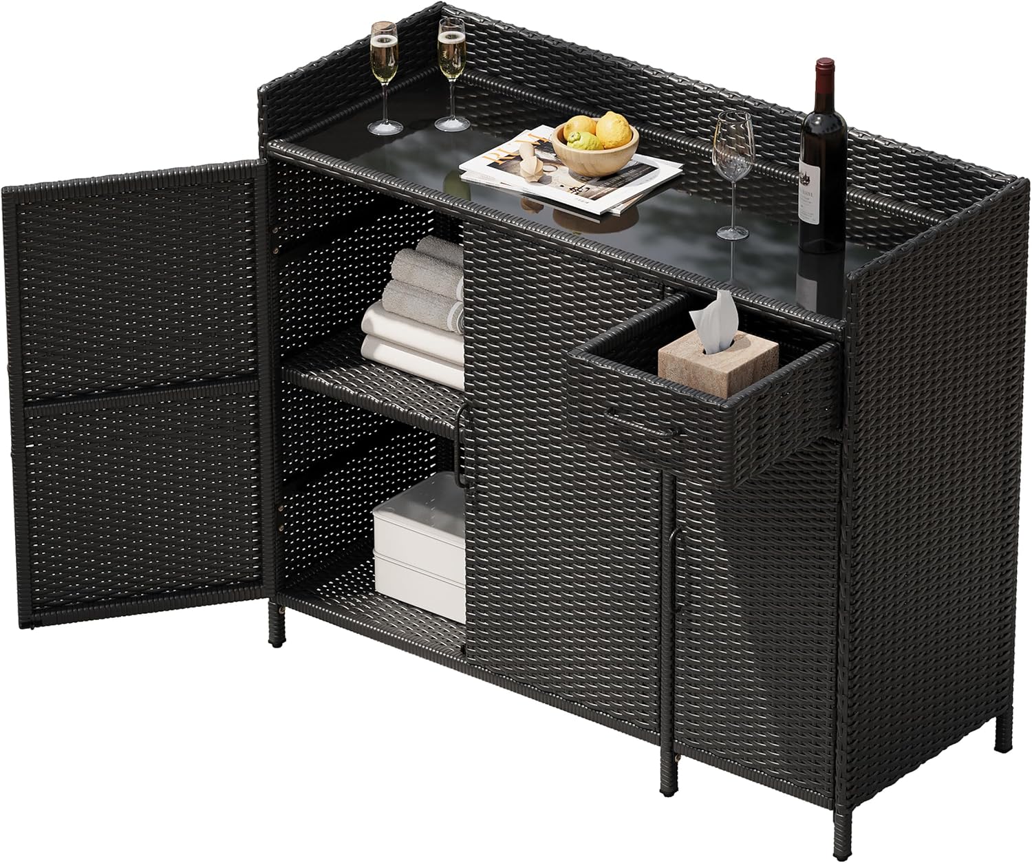Amposei All-Weather Rattan Outdoor Storage Cabinet 47.5-Inch Patio Sideboard Buffet Bar Table with Tempered Glass Top & Adjustable Shelf for Outside Garden, Balcony, Backyard, Black