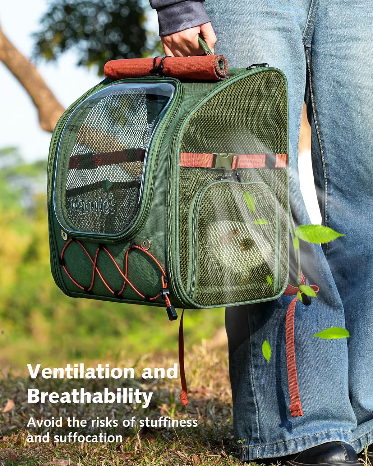 Pecute Small Pet Carrier, Breathable Guinea Pig Carrier with Transparent Bubble & Steel Frame, Safety Lock for Hamster, Rabbit, Bearded Dragon, Lizard, Ideal for Hiking, Vet Visits, Camping, Green