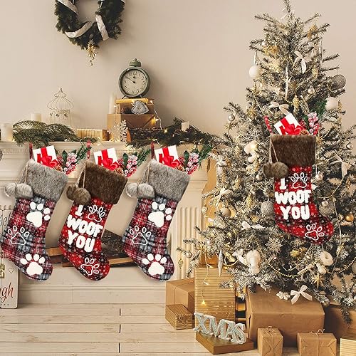 Miniatura 5 de Skylety 2 calcetines de Navidad para perros de 20 pulgadas, calcetines de Navidad a cuadros de búfalo de felpa, calcetines colgantes de Navidad con