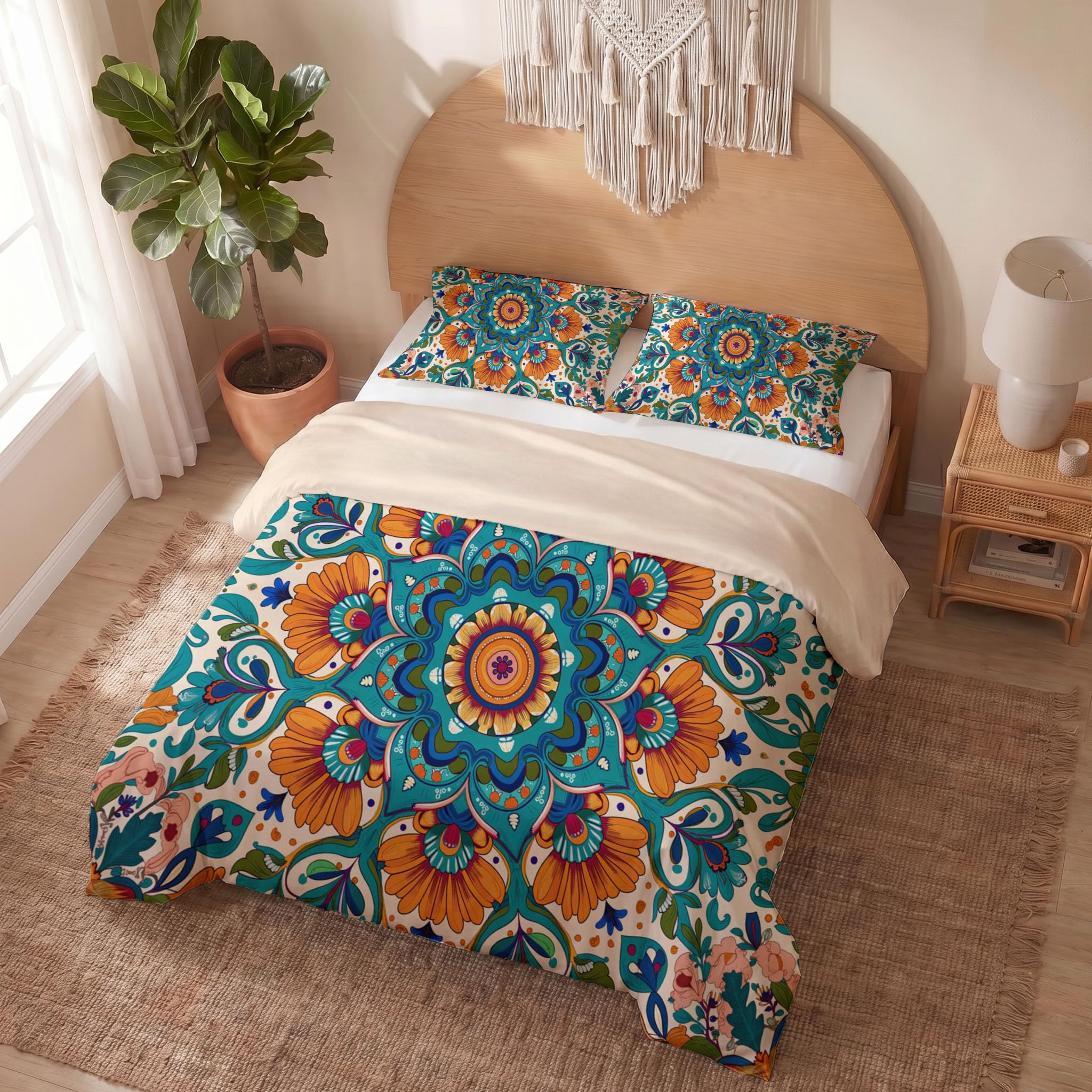 Housse de couette 220x240 en microfibre douce motif floral patchwork ethnique