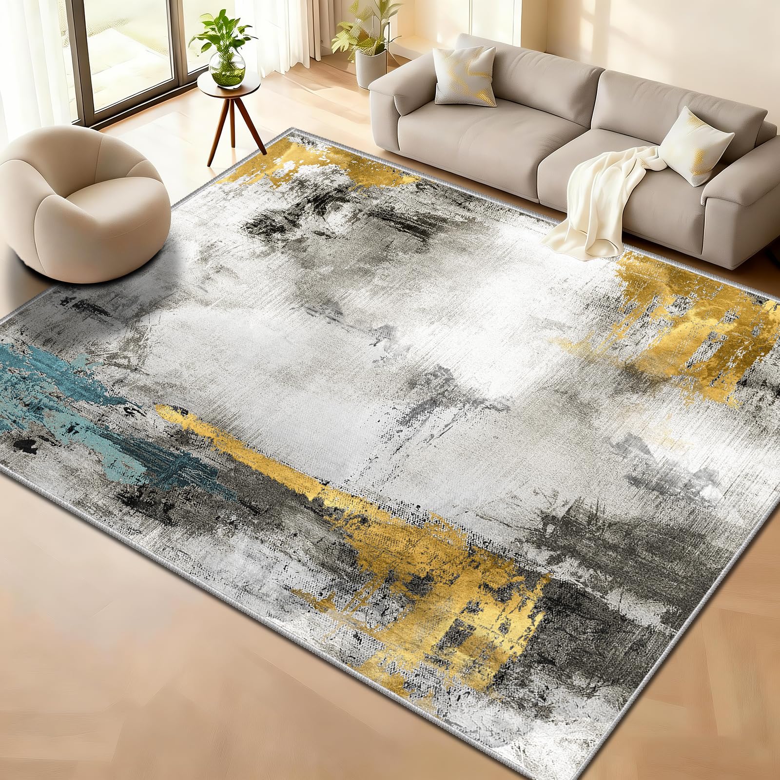 WQMMD Abstract Area Rugs for Living Room Large, Machine Washable Non Slip Bedroom Rug, Soft Low Pile Modern Thin Carpet for Kitchen, Hallway Runner, Kids Playroom, Grey & Cream, 200x300 cm