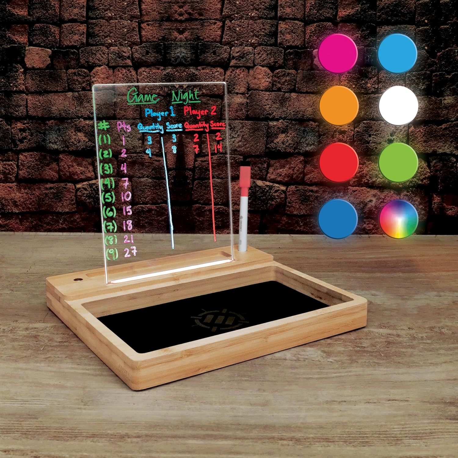 ENHANCE LED Writing Score Board & Dice Tray for Table Games - Dice Rolling Tray with 7 LED Colors, Touch Control, 4 Color Marker Set, Eco-Friendly Bamboo Wood Base - Perfect for Game Night, MTG, RPGs
