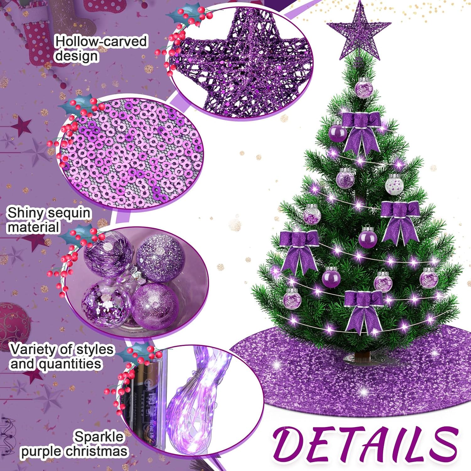Hiboom 48 Pcs Purple Christmas Tree Decorations Set Glitter Star Tree Topper Sequined Xmas Tree Skirt Tree Cover Mat 15 Bow Knot Light String LED Lights 30 Christmas Balls Ornaments for Party Holiday
