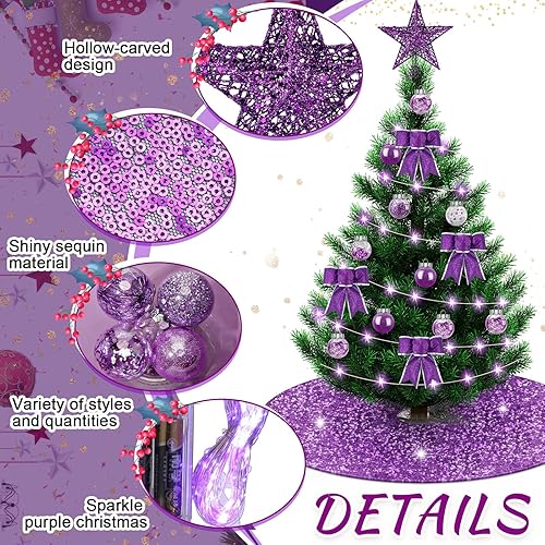 Miniatura 3 de Hiboom Juego de 48 piezas de decoraciones de árbol de Navidad morado, estrella de purpurina, topper de árbol con lentejuelas, falda de árbol de