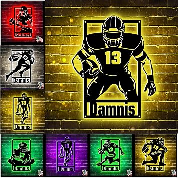Personalized football Player Metal Sign With LED Light,Custom Name & Number Metal football Light Sign, football Wall Art Decor,football Sports Decor for Bedroom,Christmas Birthday football Gift