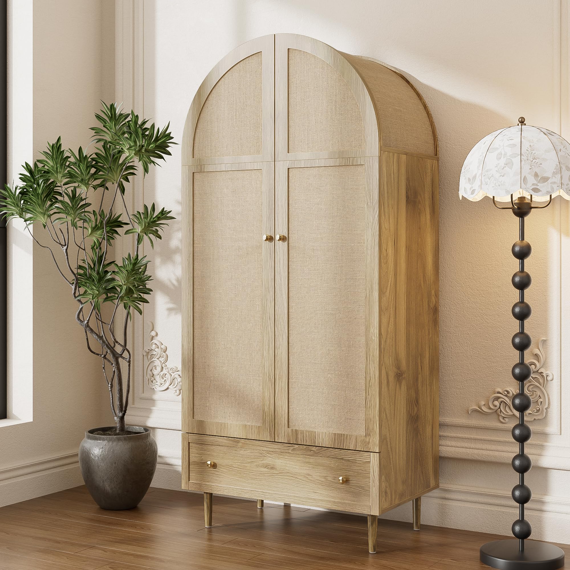 Armoire De Chambre, Armoire en Rotin à 2 Portes avec Grand Tiroir, éTagèRes RéGlables en Hauteur Et Tringle à VêTements, Anti-Basculement 175 X 80 X 50Cm, Chêne
