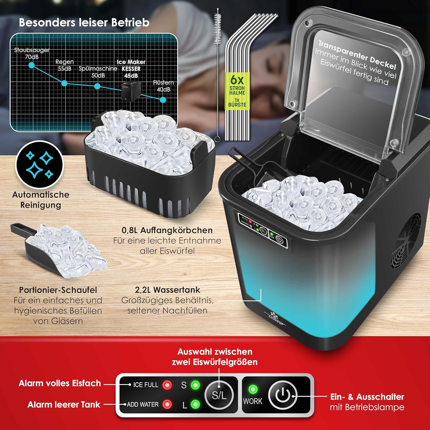 KESSER® Ice Maker | Ice Cube Maker Stainless Steel | Ice Maker | 12 kg 24 h | Bereiding in 7 min | 2,2 Liter waterreservoir | 2 maten ijsblokjes | LED Display | Zelfreinigende functie | (Zwart)