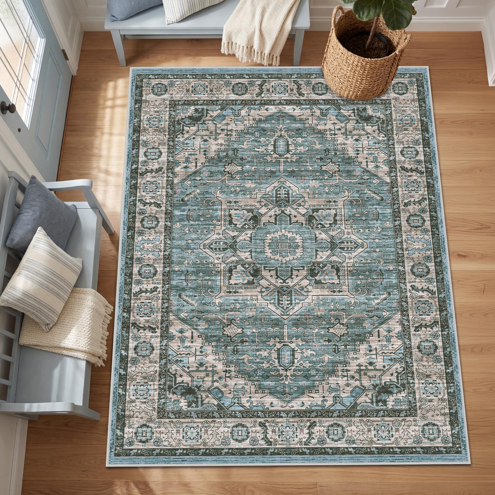 Autsel Rugs for Living Room Bedroom 140x200cm, Large Machine Washable Area Rugs Non-slip, Vintage Boho Rugs, Soft Short Pile Carpet, Blue Runner Rugs for Hallway, Carpet for Kitchen, Office โ image 1