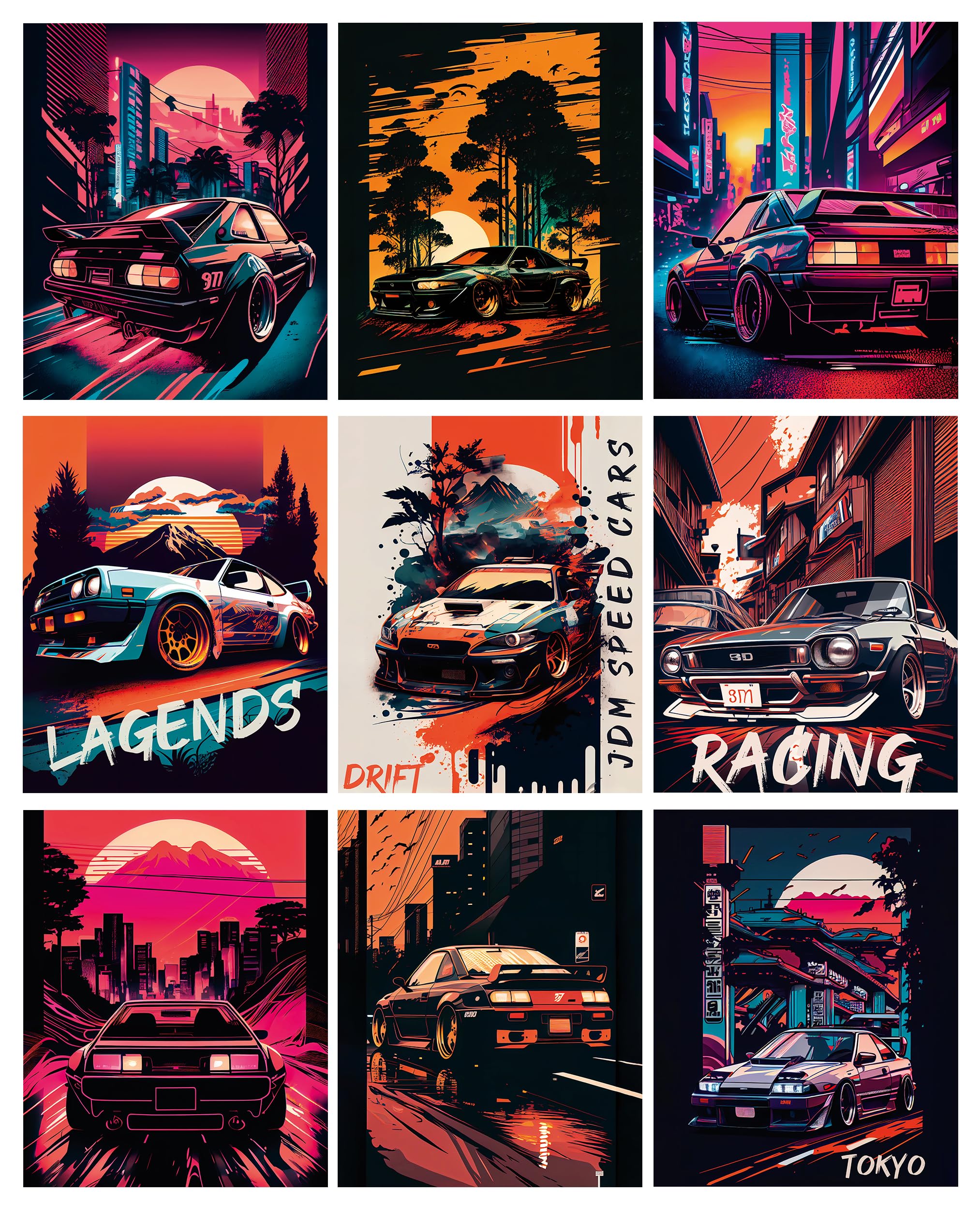 BAYKUL Japanese Car Wall Art Prints, Japan Sports Car Racing Art Posters (8"x10" Unframed), Street Car Canvas Art Painting for Living Room Boys Room Wall Decor, Set of 6