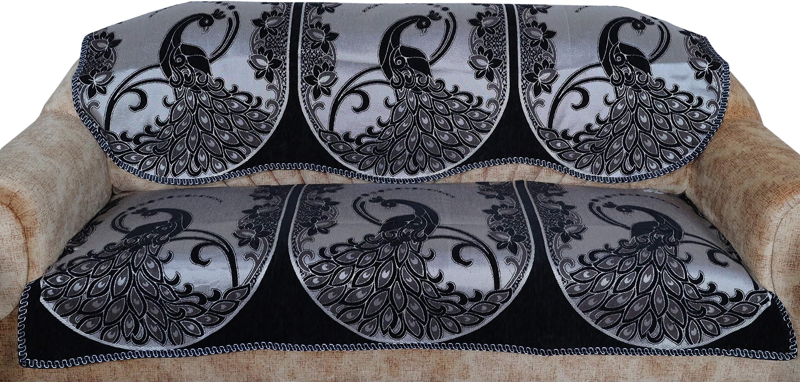 Sparrow World Chenille Sofa Covers Set for 5 Seater Sofa Peacock Design for -Living Room/Drawing Room/Guest Room-