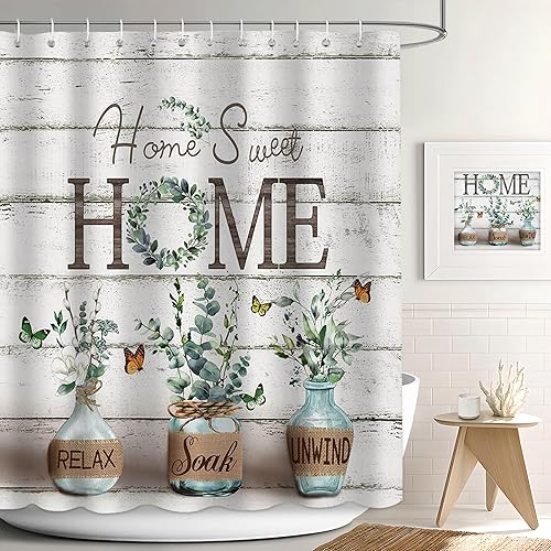Cortina de ducha de granja, decoración rústica de eucalipto verde con tela impermeable, estilo campestre, cortinas de ducha de mariposa para baño