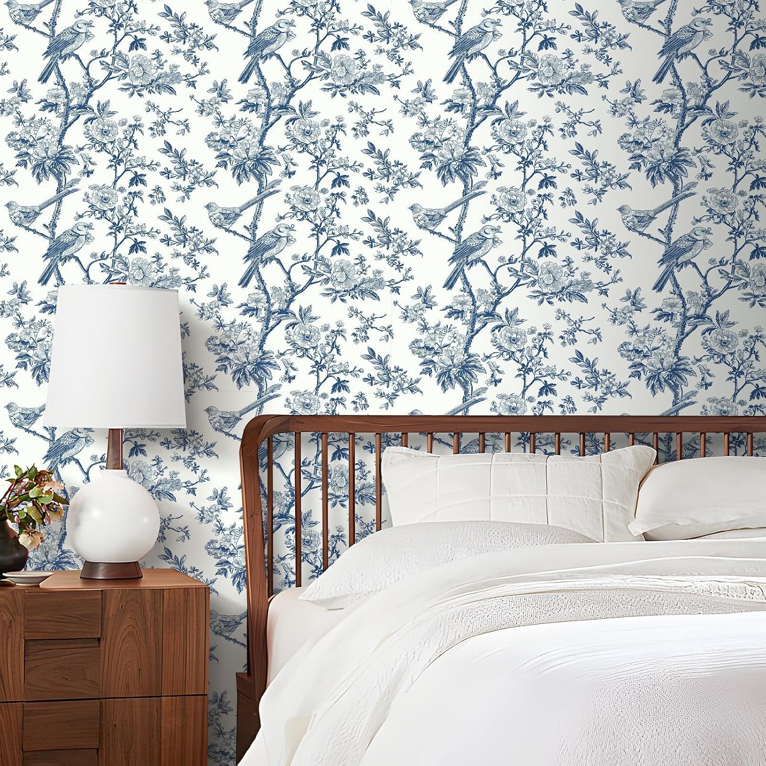YENHOME Vintage Blue Bird Wallpaper Peel and Stick Wallpaper Vintage Retro Floral Wallpaper 17.5"X276" Self Adhesive Removable Wallpaper for Renters Beige/Blue Contact Paper for Cabinets and Drawers
