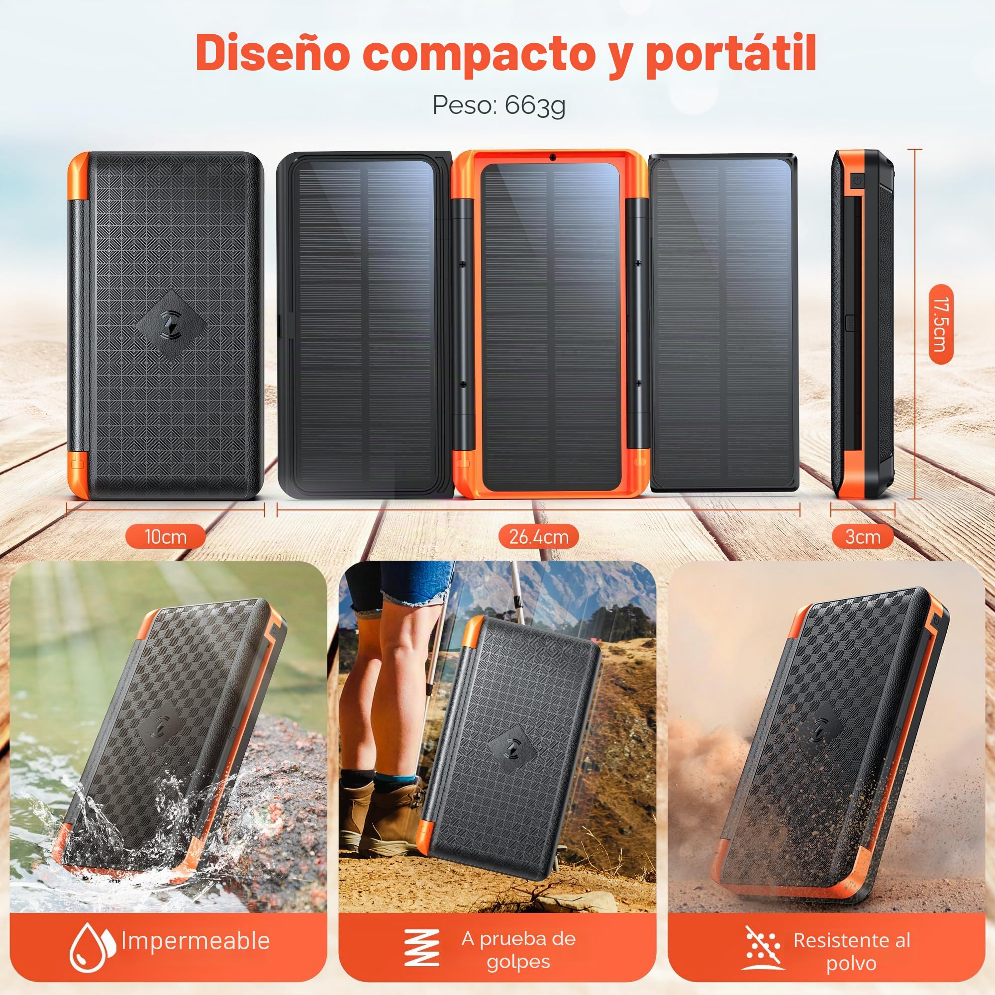 63200mAh Power Bank Solar 3 Paneles Solares Batería Externa de PD 22,5W Carga Rápida con USB-C Carga Inalámbrica Linterna SOS,Pantalla Digital, Ideal para Camping al Aire Libre