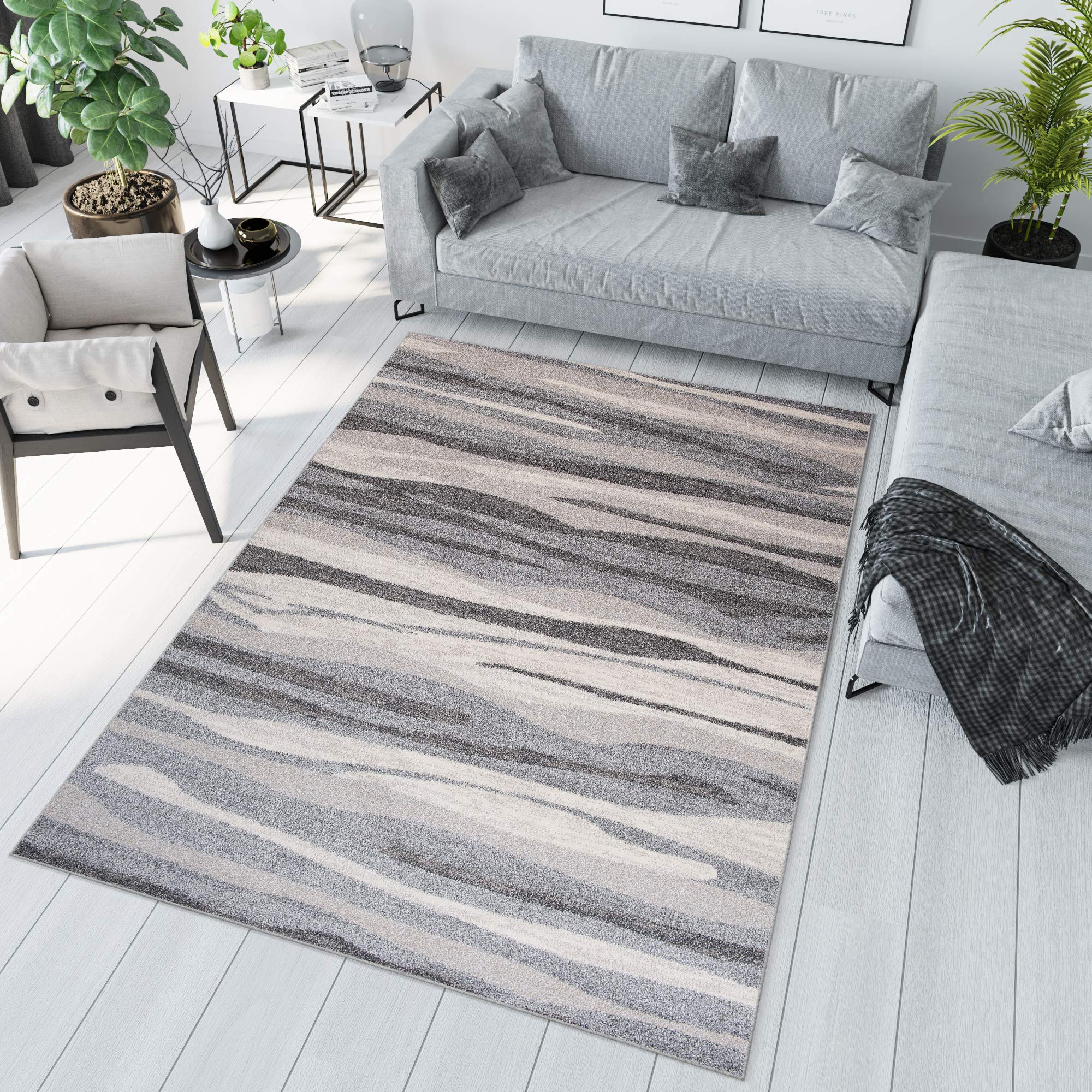 Tapiso Dywan Sari z krótkim włosiem, melanż, designerskie dywany szaro-białe z abstrakcyjnymi paskami linie, wzór do salonu, ÖKOTEX 160 x 220 cm
