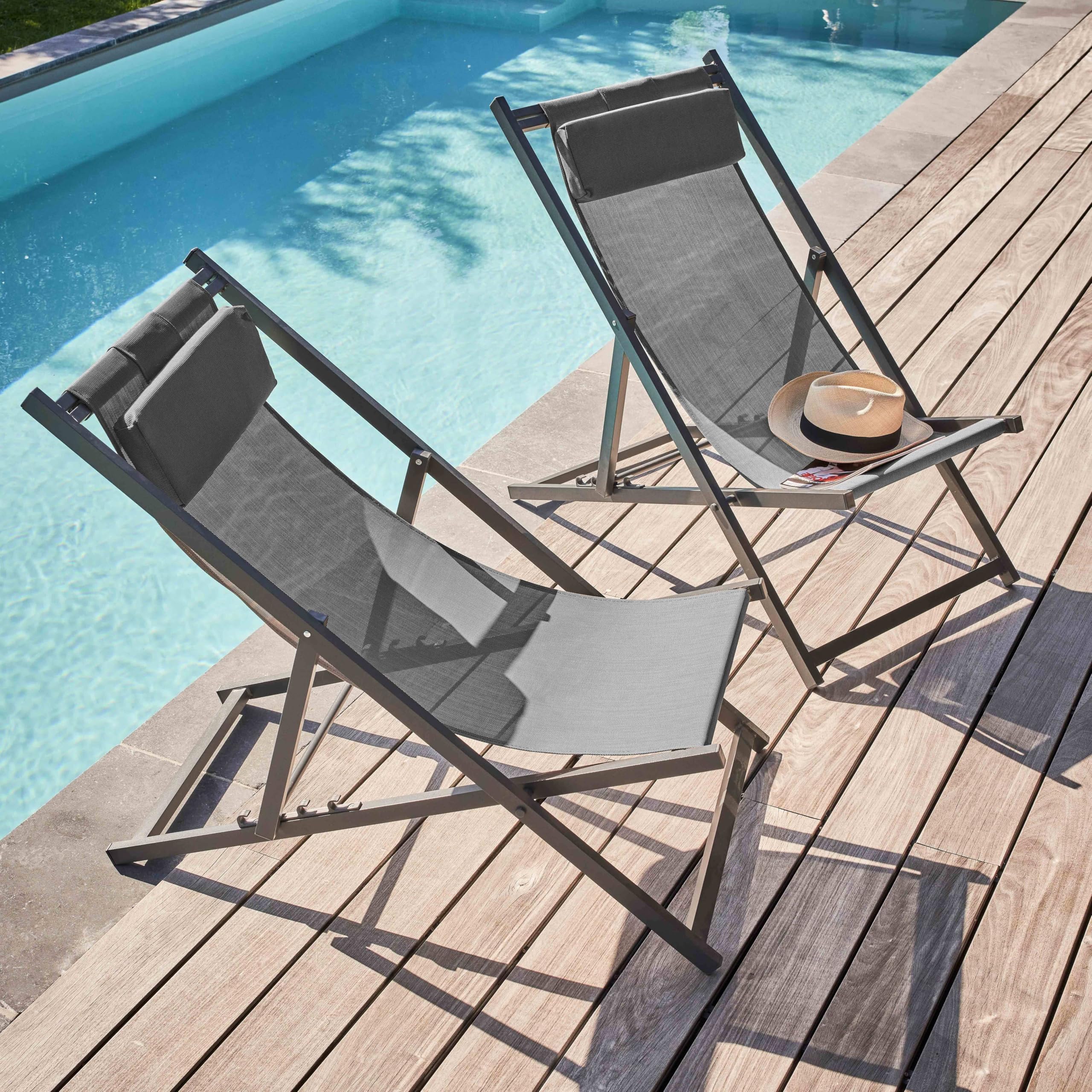 Oviala Lot de 2 transats en Aluminium Anthracite