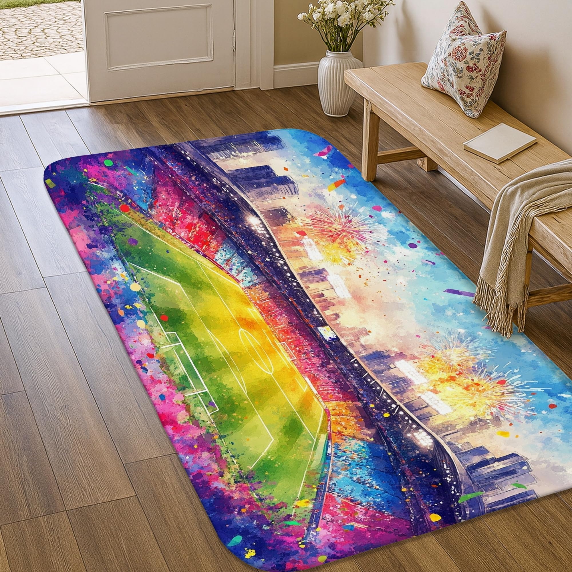 Tapis de terrain de football multicolore et feux d'artifice au design festif