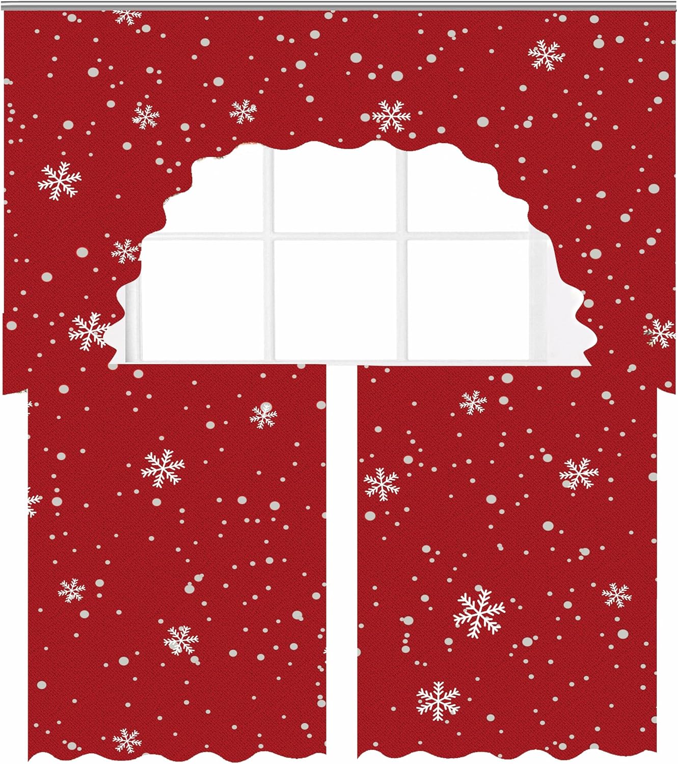 Violet Linen European Christmas Stars and Dots, Snowflakes Pattern, Polyester, Red , 1-Piece of 60" x 18", 2-Pieces of 30" x 36" Decorative Rod Pocket Kitchen Window Curtain Panel Tiers - Swag Valance