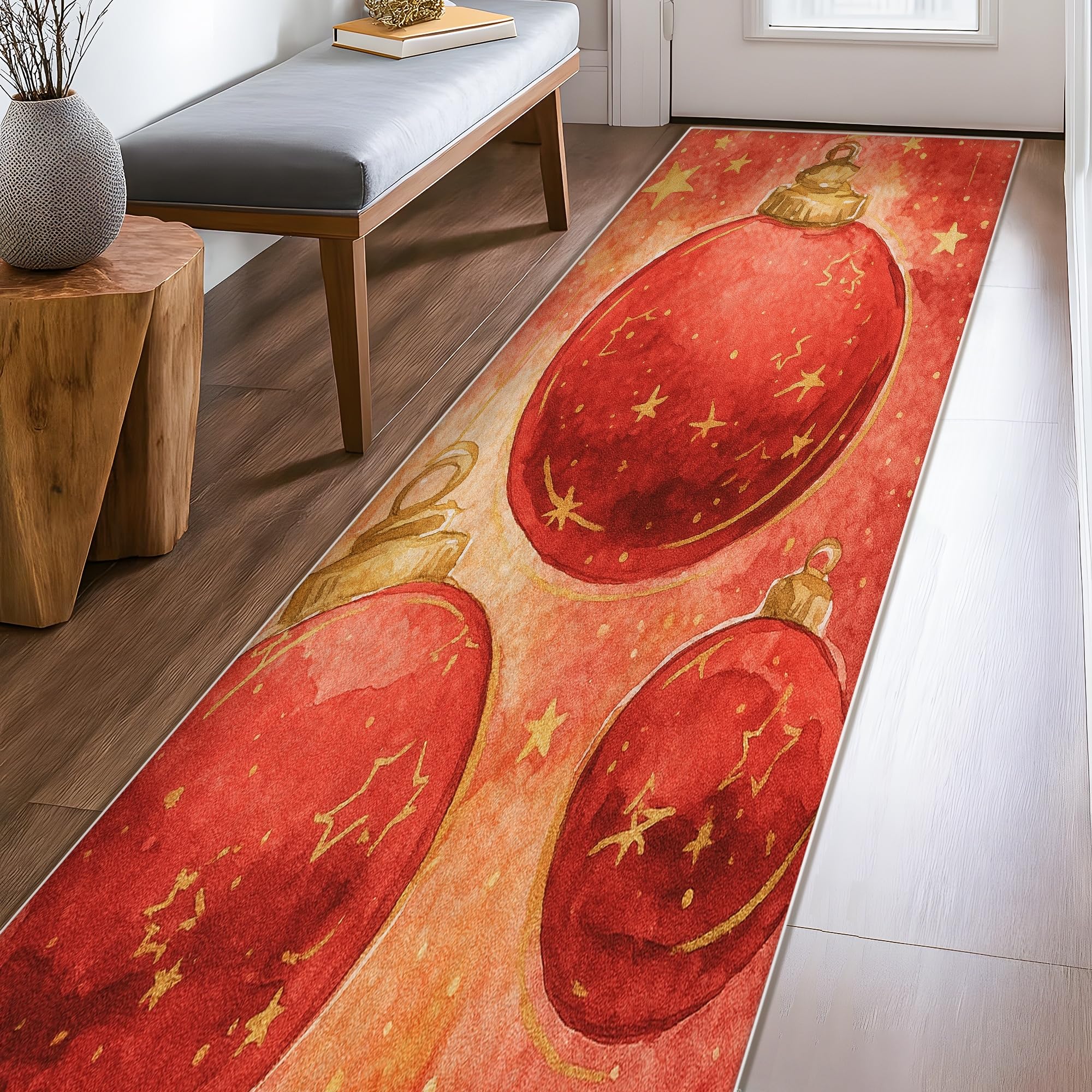 Tapis de couloir de Noël antidérapant rouge | Tapis d'entrée lavable et durable