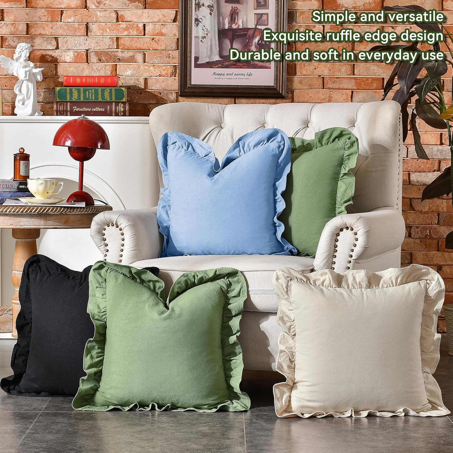 AmHoo Pack of 2 Throw Pillow Covers 100% Cotton Pre Washed Ruffle Decorative Pillowcase Cushion for Couch Sofa Bedroom 24 x 24-Inch Beige