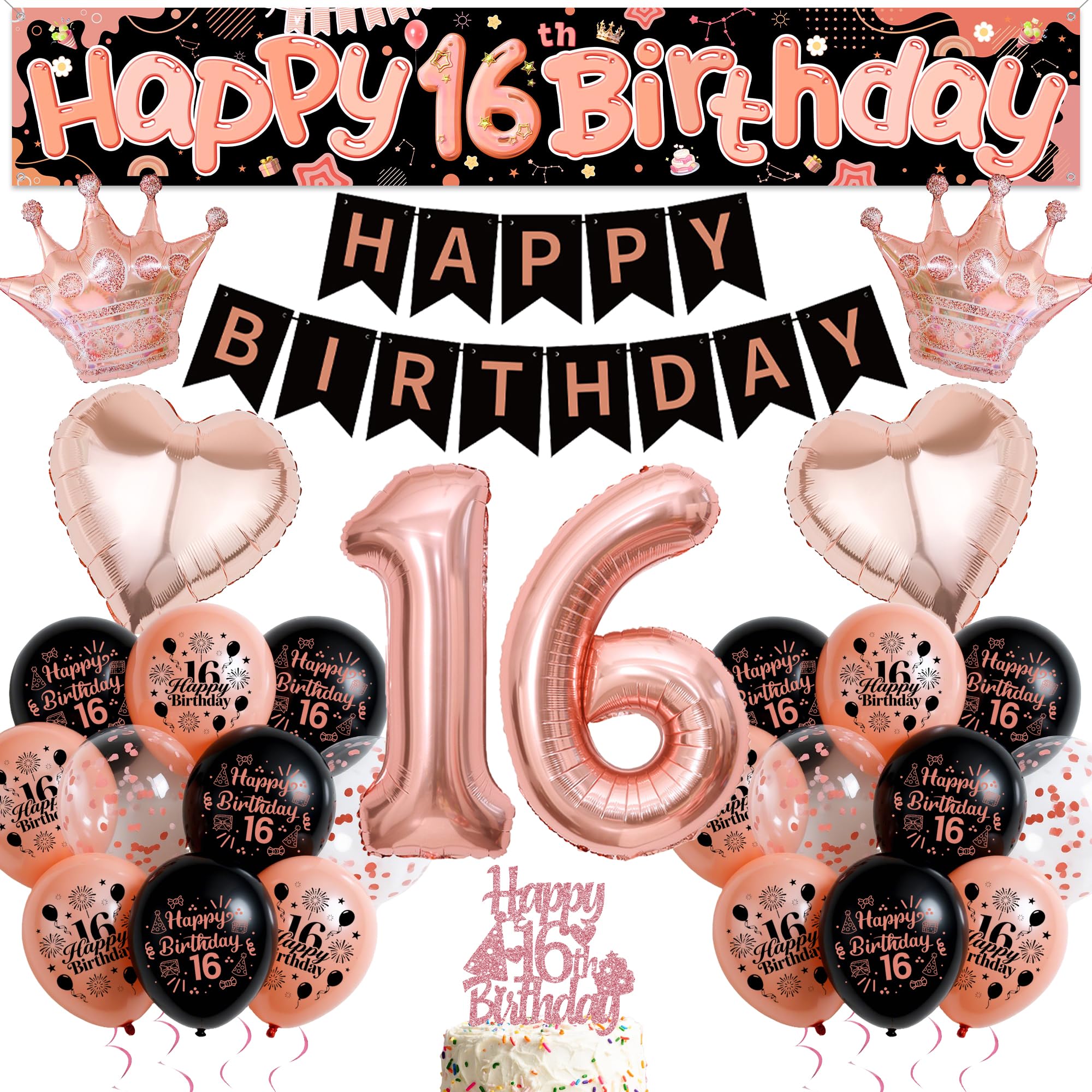 16th Birthday Decorations Balloon Set - Black Rose Gold Happy Birthday Banners Kit with Cake Topper, Number 16 Balloon and Yard Banner for Girls 16 Years Old Birthday Party Supplies
