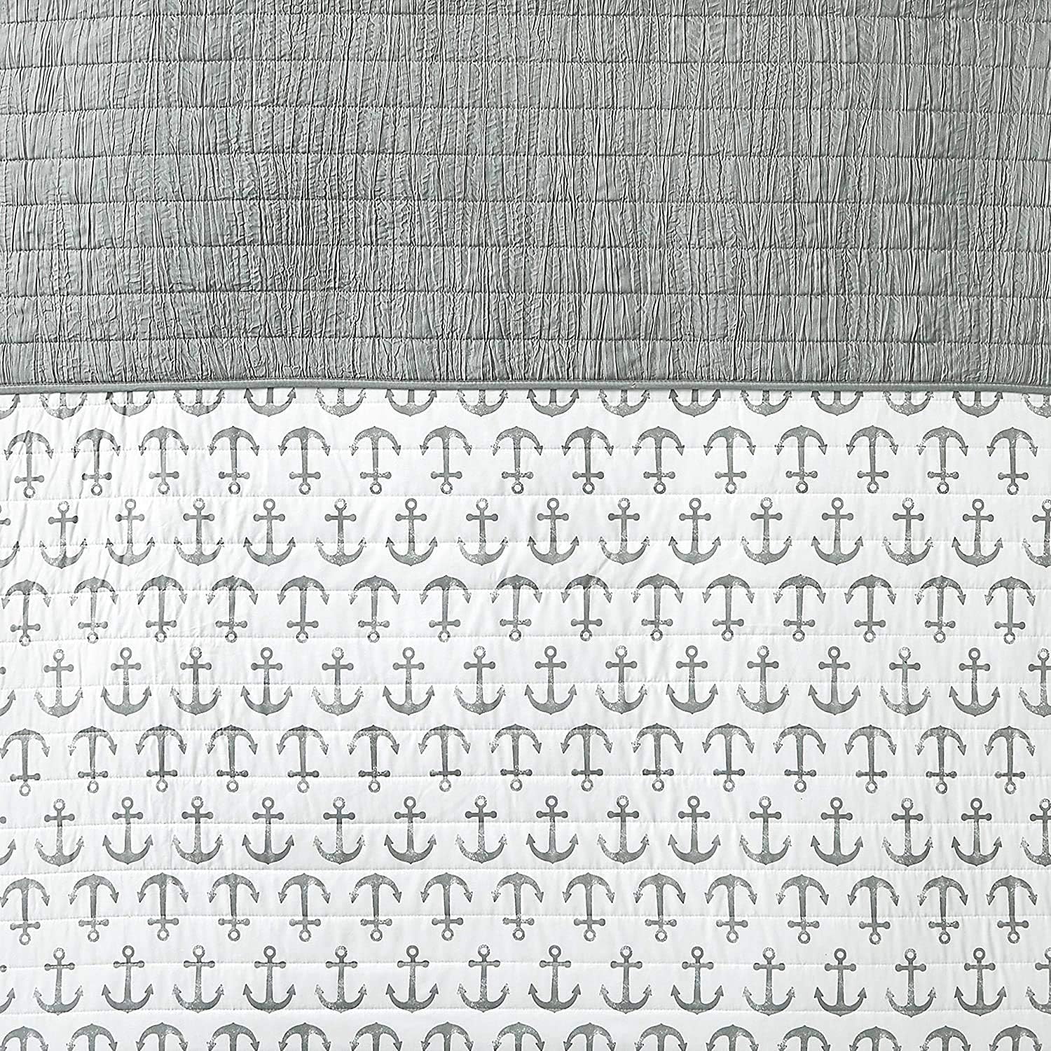 Elegant Comfort Luxury All Season Ultra Soft Enzyme Washed Reversible 1-Piece Quilt Coastal Pattern Crinkle Coverlet Bedspread, King/California King, Gray/White Anchor