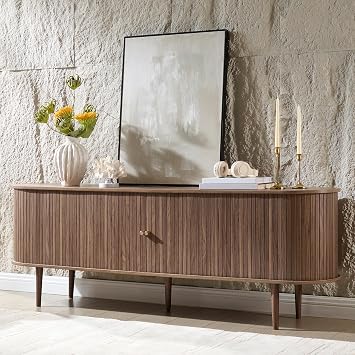 AMERLIFE 70" Mid-Century Modern TV Stand, TV Console Table for TVs up to 80 Inch, Fluted Wood Media Console with Storage, Solid Wood Legs, Walnut