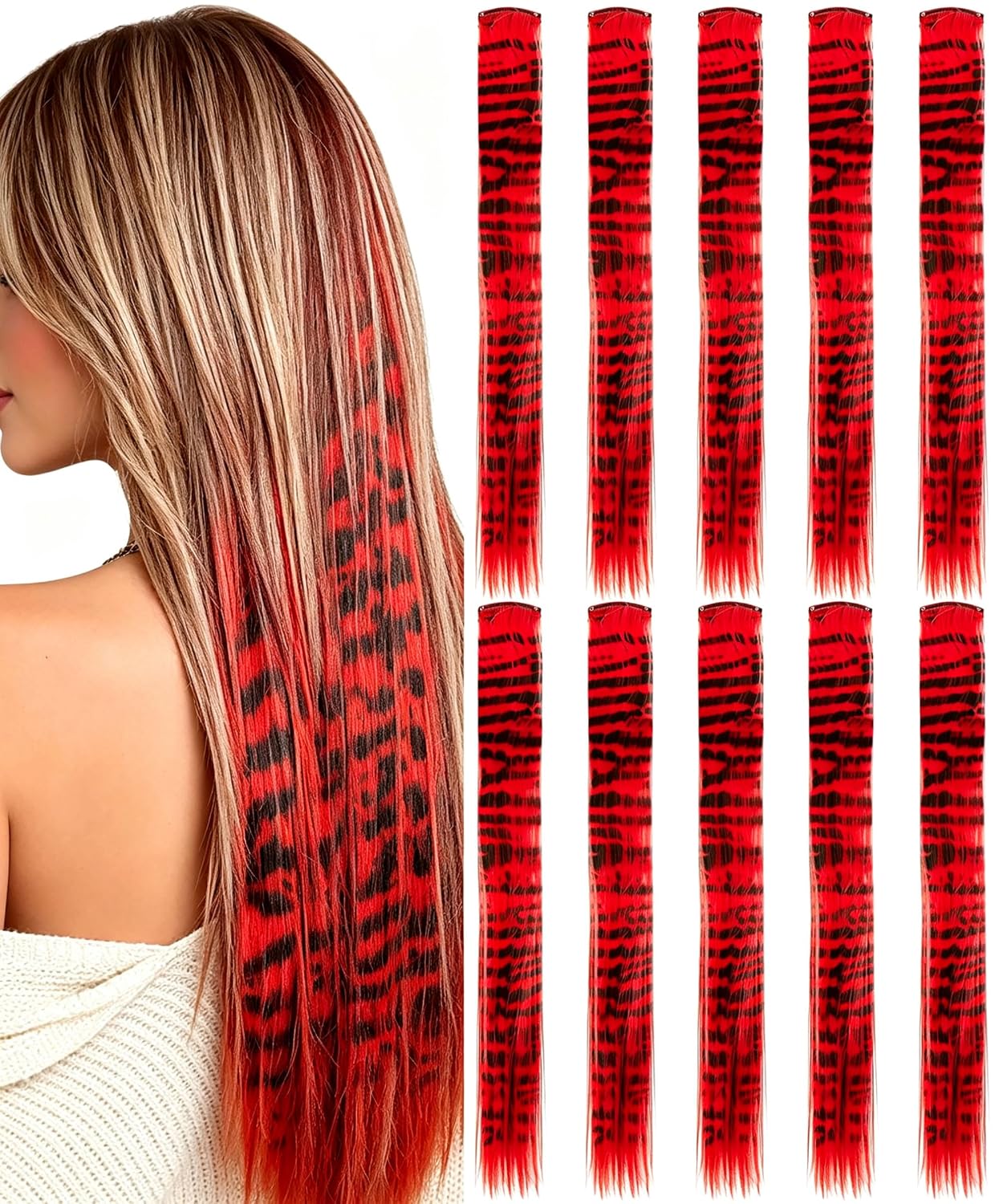 10 Pcs Sliver Gray Hair Extensions, Raccoon Tail Striped Accessories 22 In
