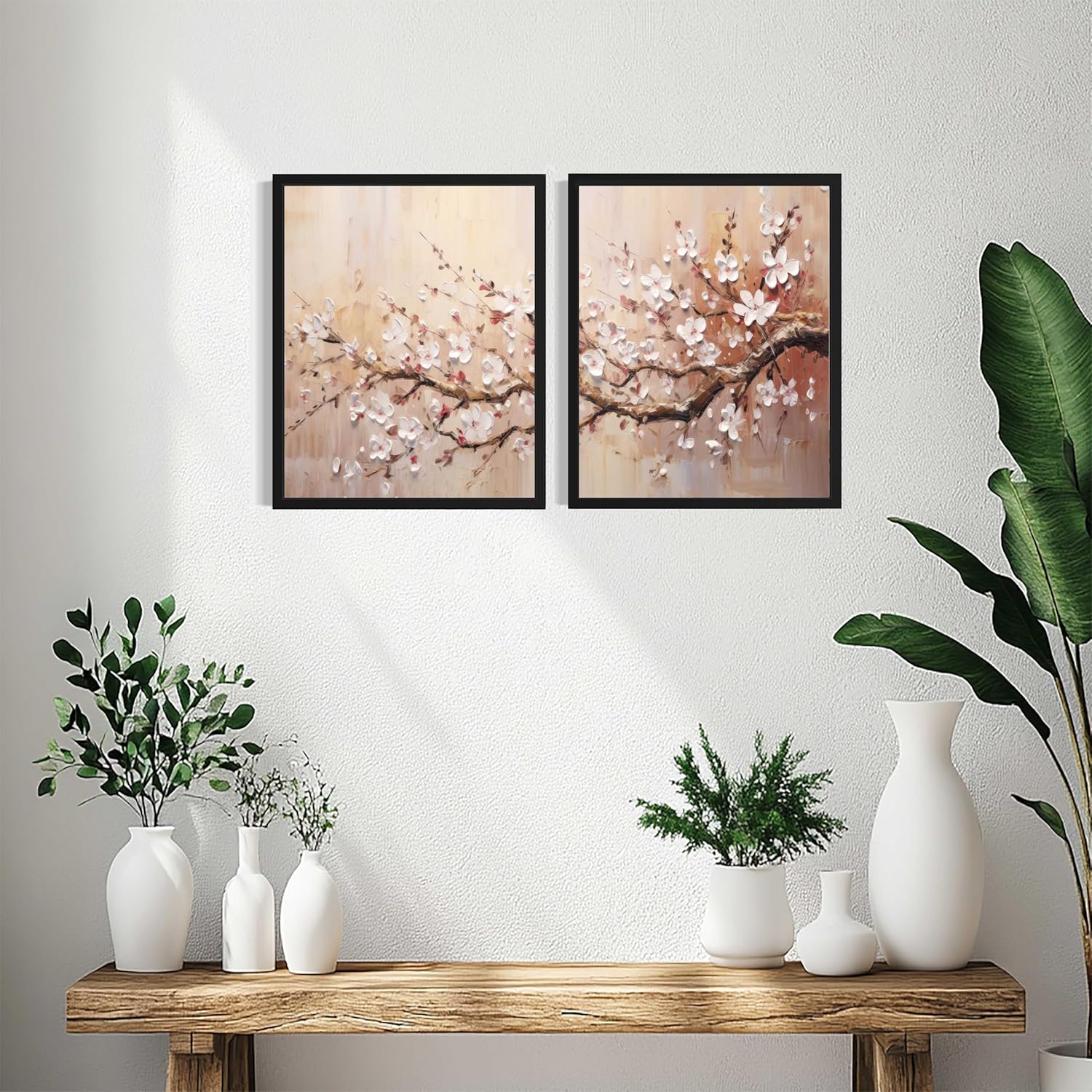 Wall Art Poster Prints, Landscape Floral Nature Scenery Painting,(Set of 2) Decor for Living Room, Bedroom, Bathroom AA37 (Cherry Blossom Branch, 16 x 20 inches (2 Panels), Black Frame)
