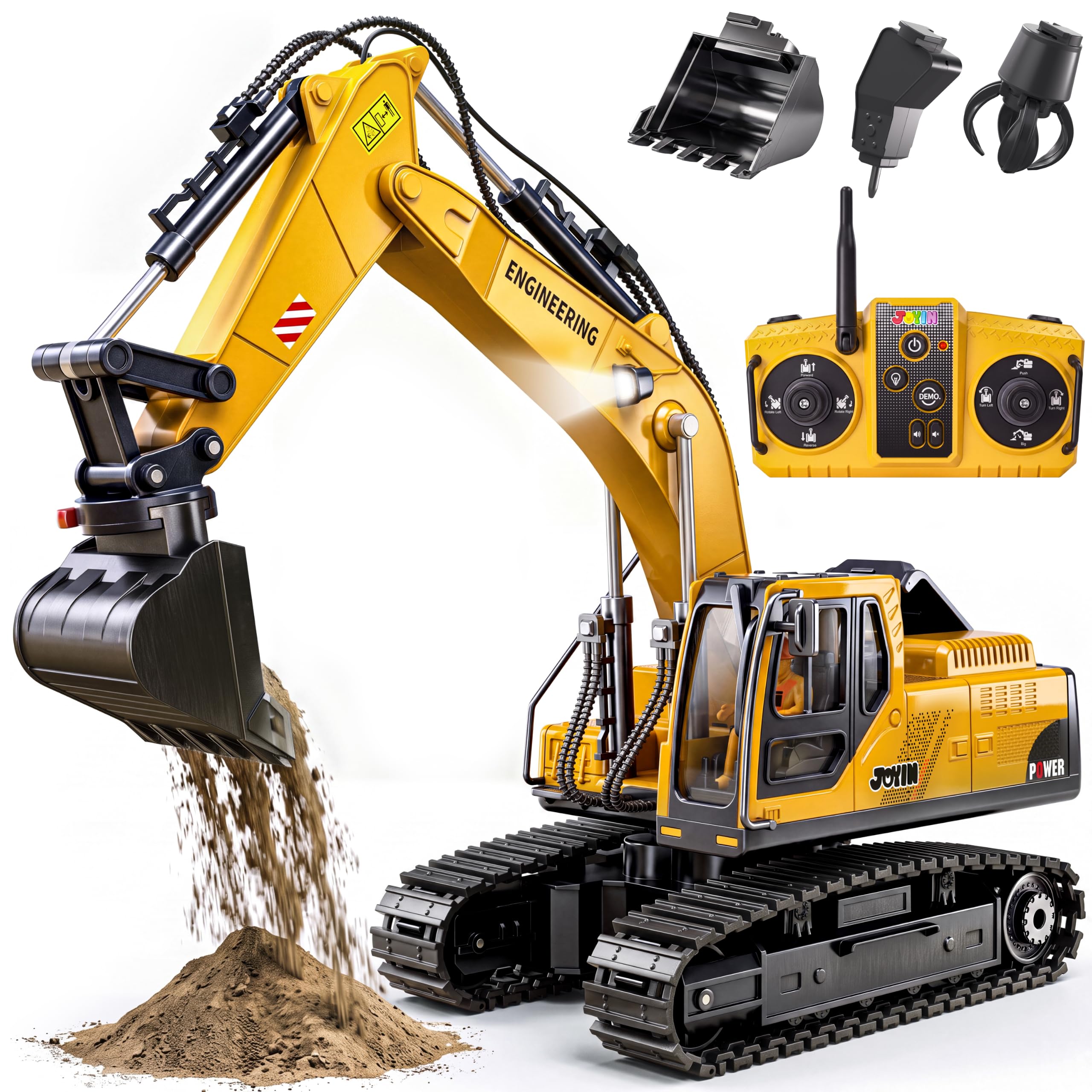 JOYIN 3-in-1 Ferngesteuerter Bagger für Jungen ab 3-9 Jahren, RC Bagger Spielzeug mit Legierung Schaufel Greifer Bohrer, 2.4GHz Auto mit Licht und Sound, Kinder Geburtstag Geschenk