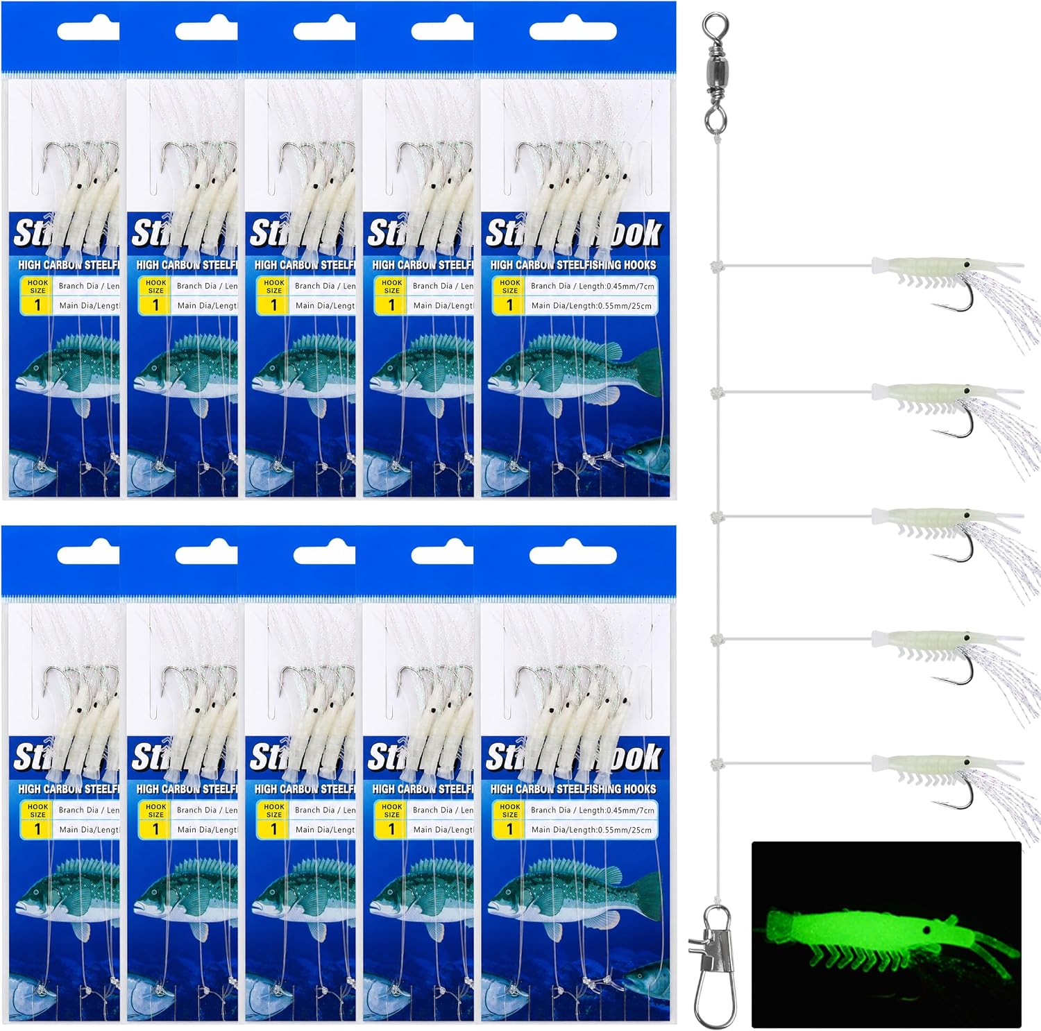 Shrimp Fishing Bait Rigs Kit, 10 Packs Saltwater Surf Fishing Rigs with 5 String Hooks Glow Soft Shrimp Lures Swivel Snap Shrimp Lure Rig for Mackerel Herring Baitfish