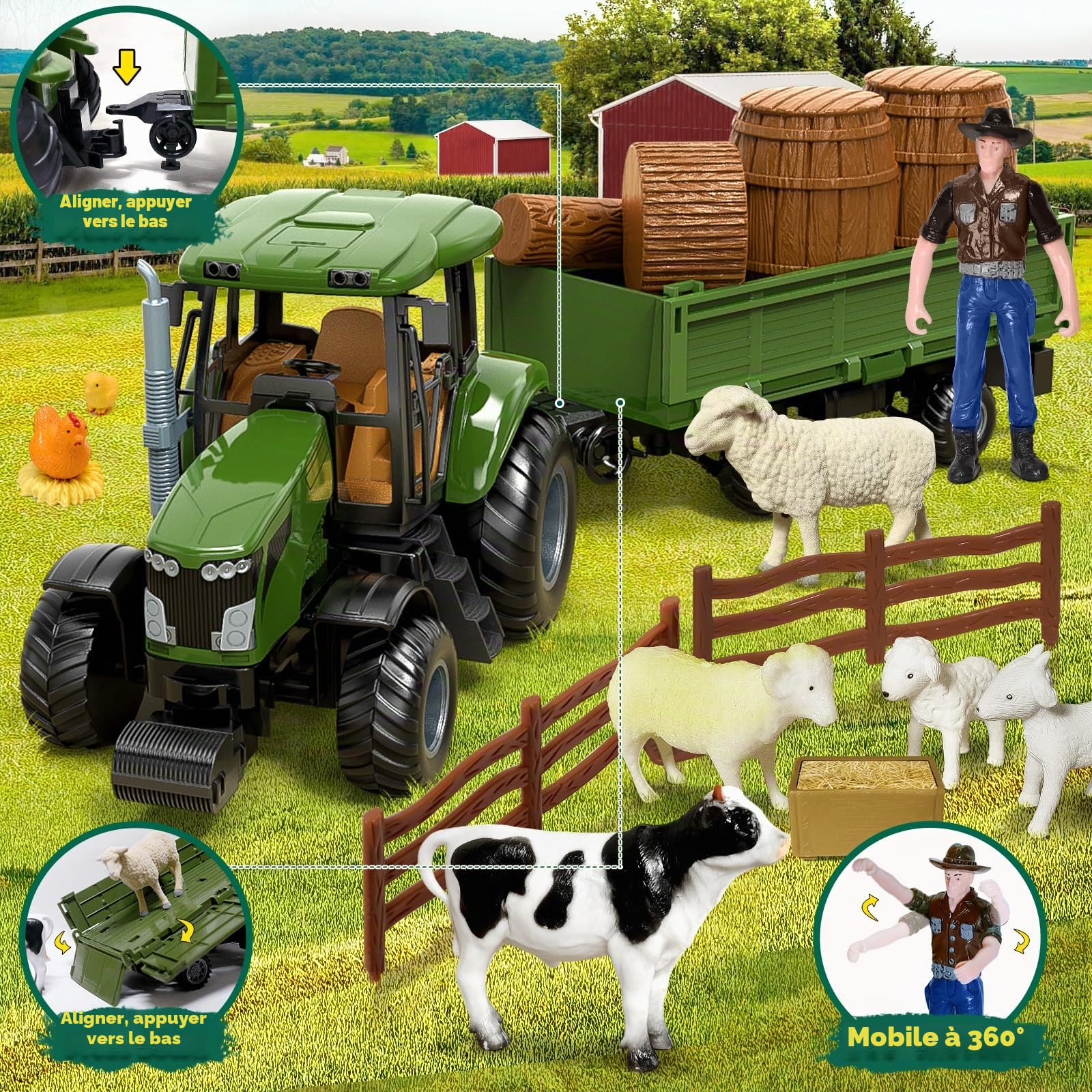 Tracteur télécommandé RC avec remorque, jouet de ferme avec animaux et figurines, commande 2.4GHz et 2 batteries , tracteur jouet pour enfants dès 3 ans, cadeau amusant pour les fêtes ou anniversaire