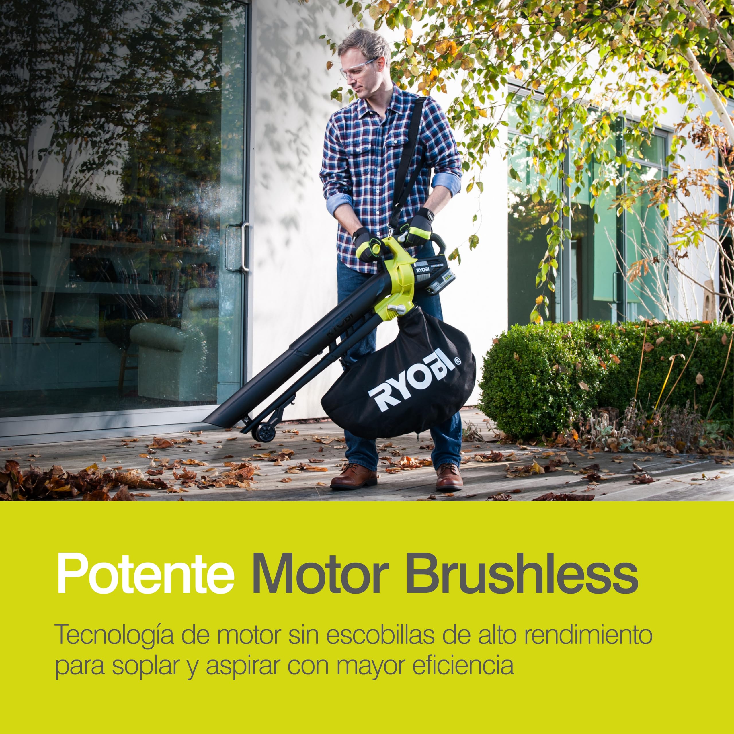 RYOBI - Soplador/Aspirador/Triturador Eléctrico Sin Cable a Batería 18V One+ Brushless - Limpieza Hojas, Pasillos Exteriores, Terrazas, Céspedes y Pequeños Jardines - 1 Bolsa Impermeable 35L - OBV18